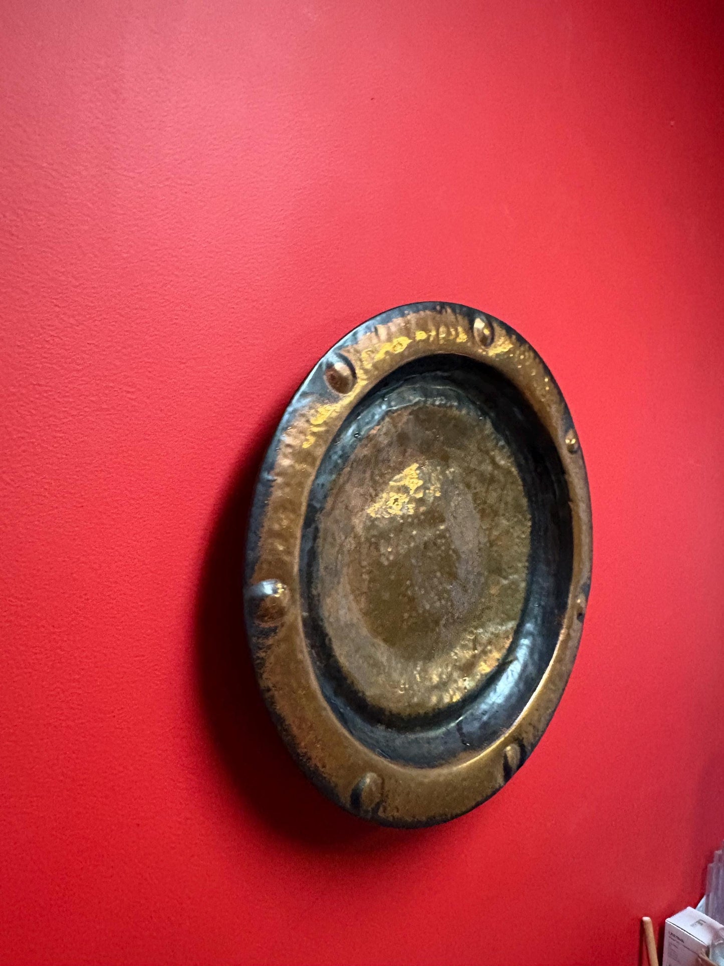 Beautiful antique English Lombard London arts and crafts massive copper charger with amazing patina  16 1/2 inches!