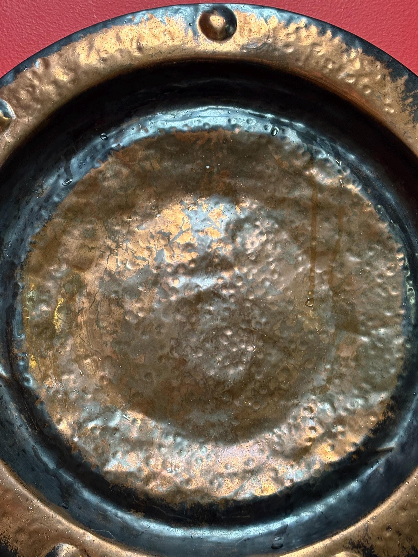 Beautiful antique English Lombard London arts and crafts massive copper charger with amazing patina  16 1/2 inches!