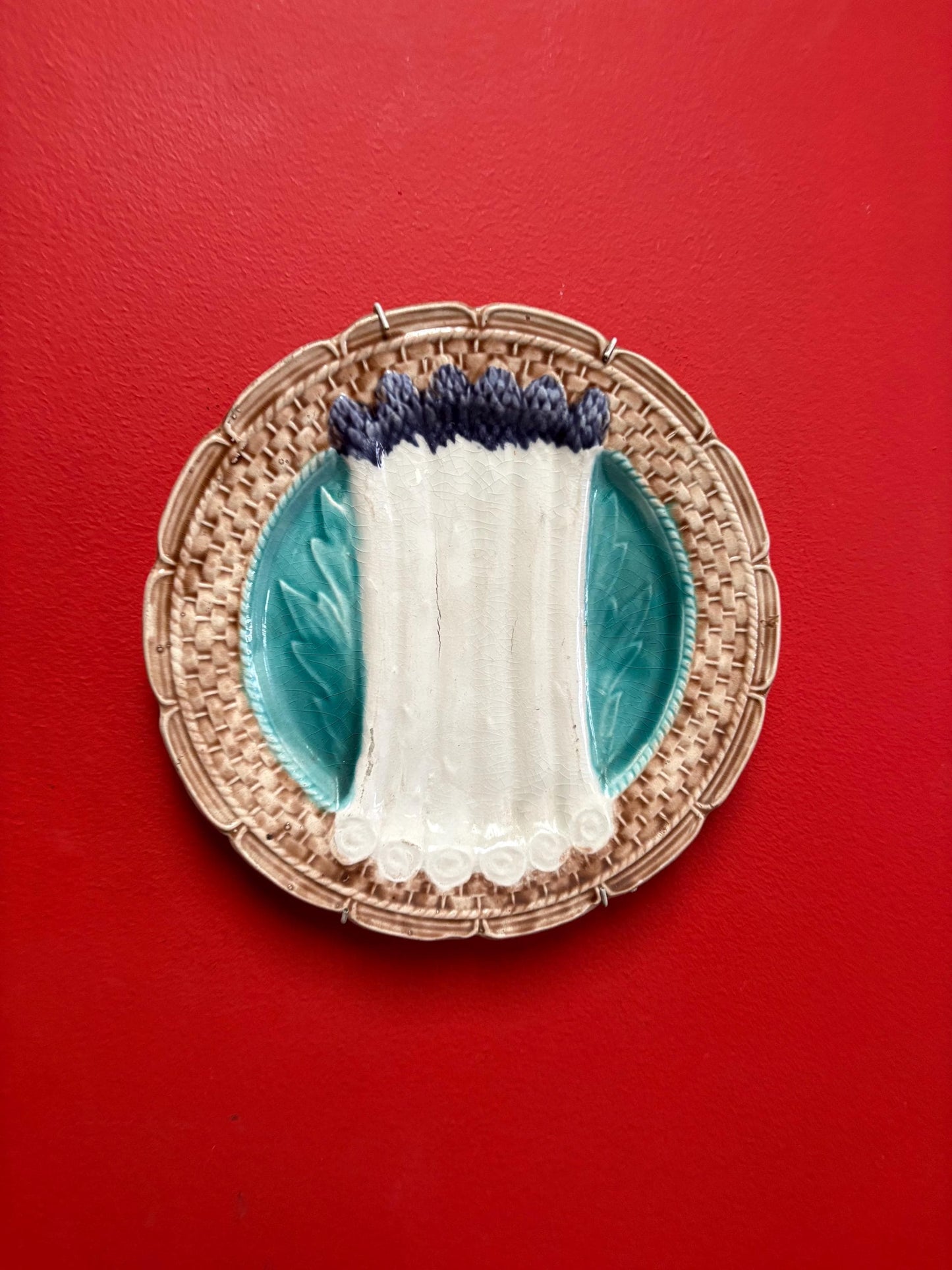 Beautiful 9 inch metal French majolica  plate ready to hang -  good condition but see photos