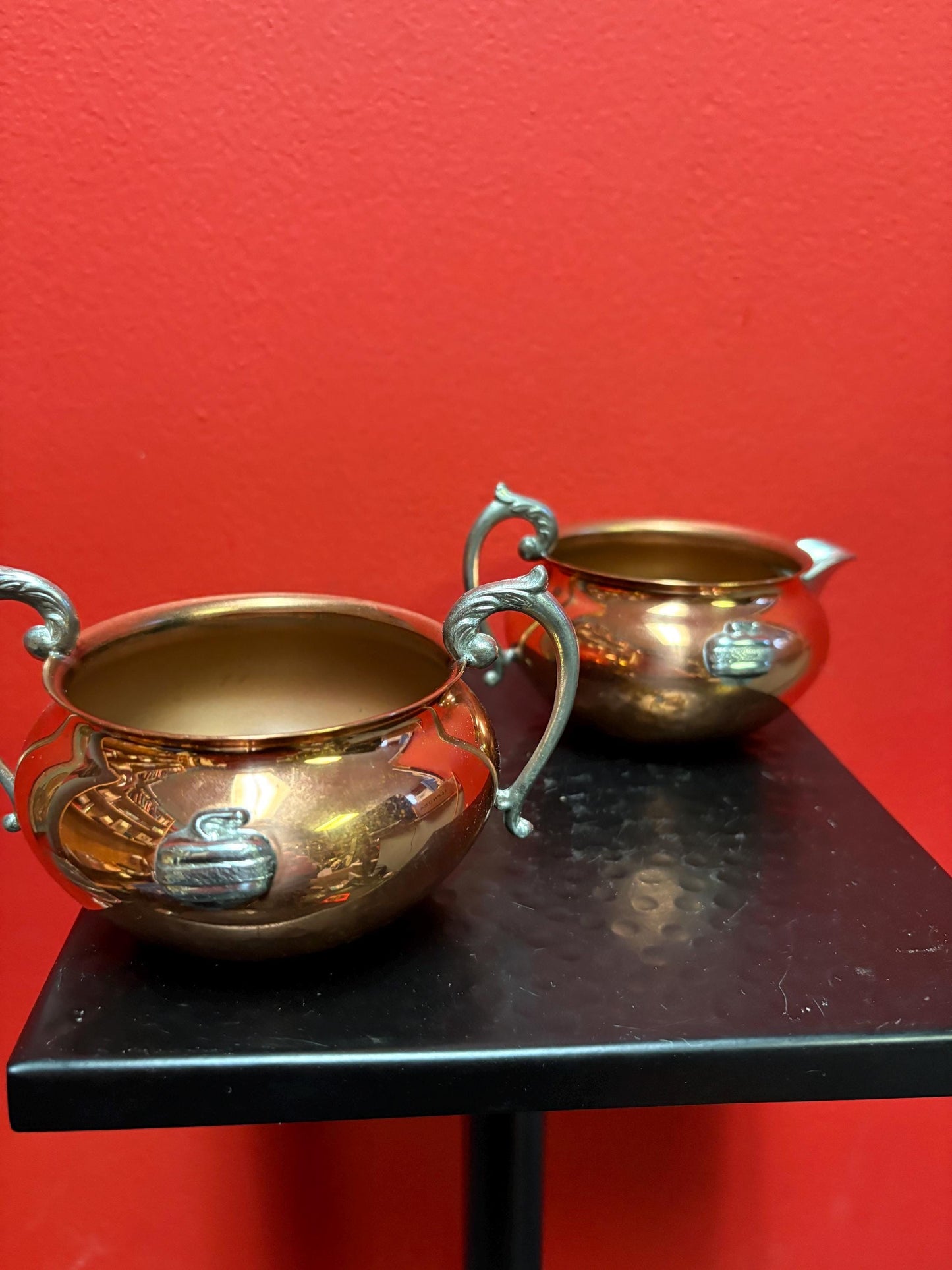 beautiful 4.5 x 2 inch high copper and silver plate curling cream and sugar  great gift  nice condition  curling