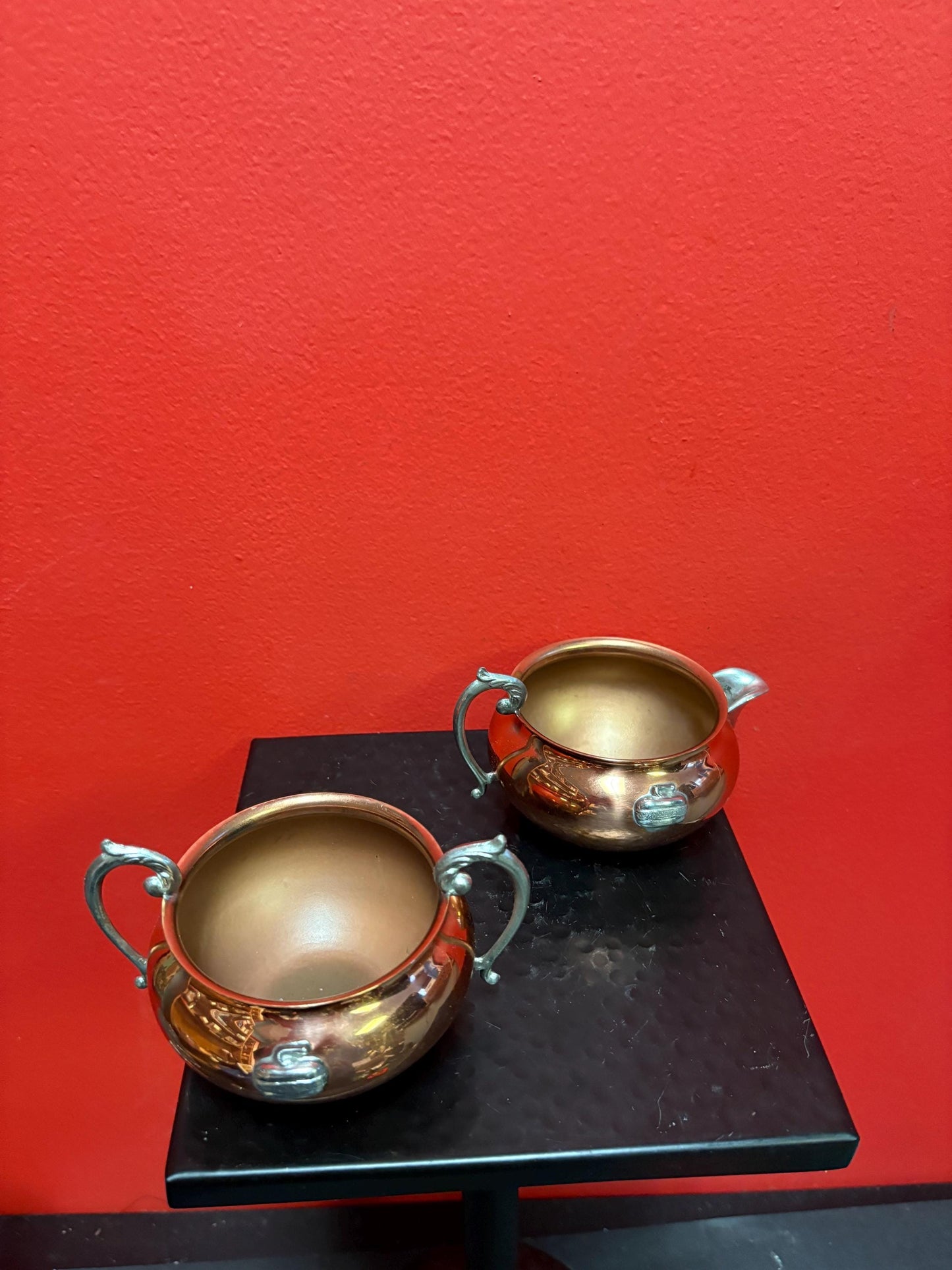 beautiful 4.5 x 2 inch high copper and silver plate curling cream and sugar  great gift  nice condition  curling