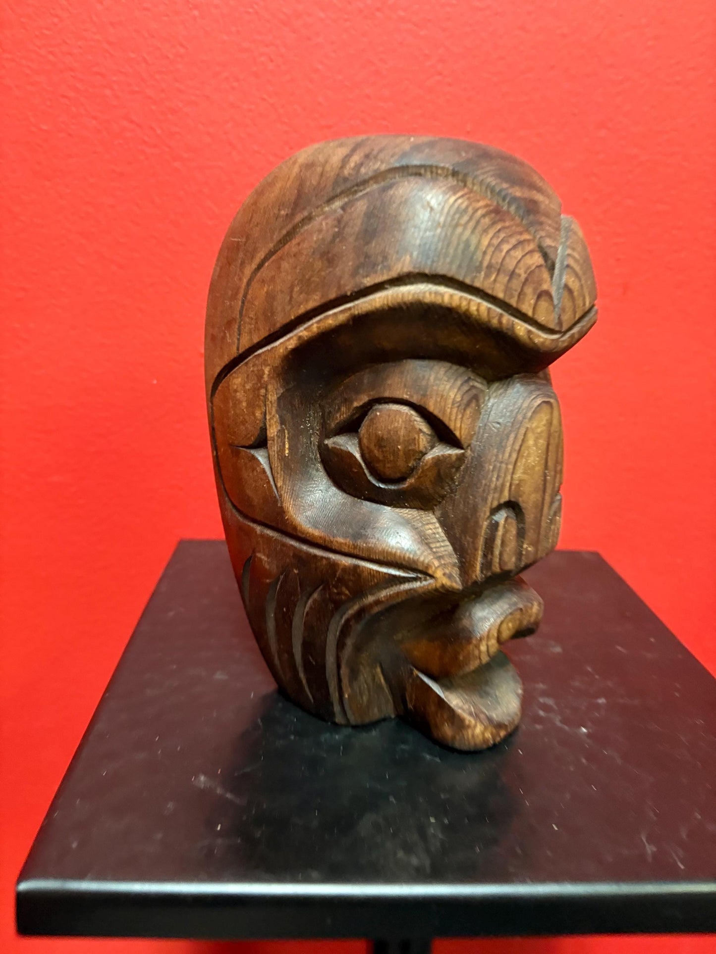 Beautiful indigenous first nations Pacific Northwest coast 6 inch tall and signed vintage cedar mask - great detail