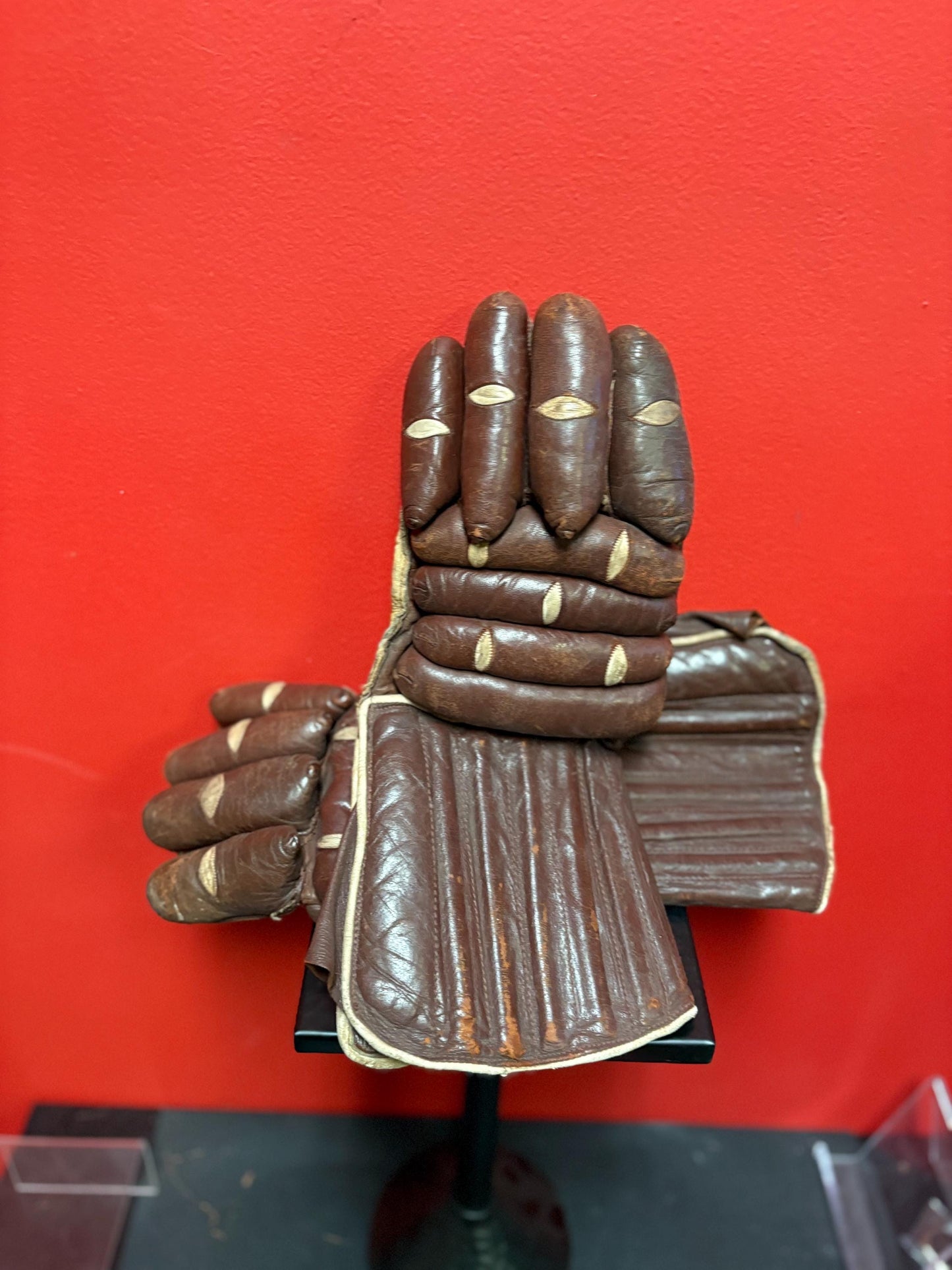 Beautiful antique English made leather  hockey gloves in good used condition - 13 x 6 wide  amazing sports memorabilia
