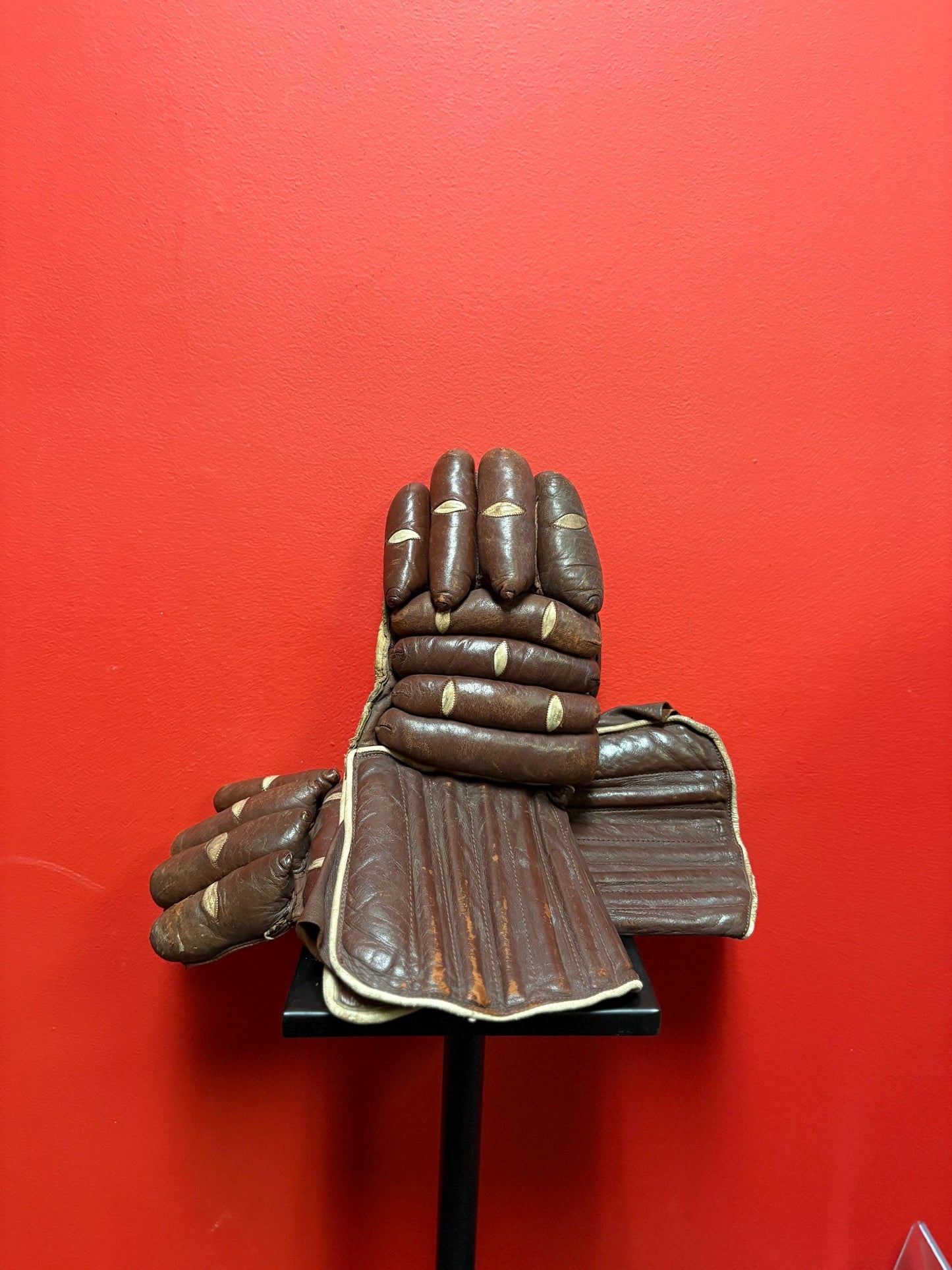 Beautiful antique English made leather  hockey gloves in good used condition - 13 x 6 wide  amazing sports memorabilia