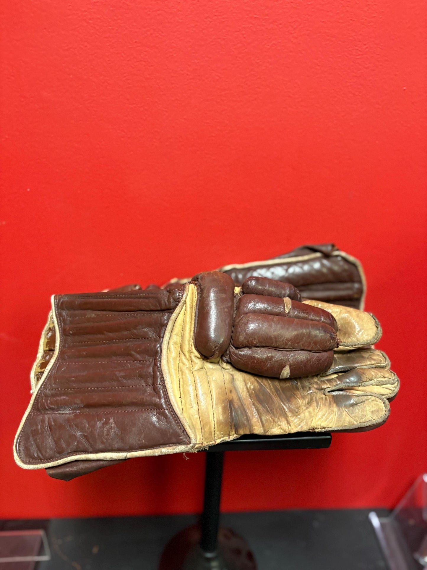 Beautiful antique English made leather  hockey gloves in good used condition - 13 x 6 wide  amazing sports memorabilia