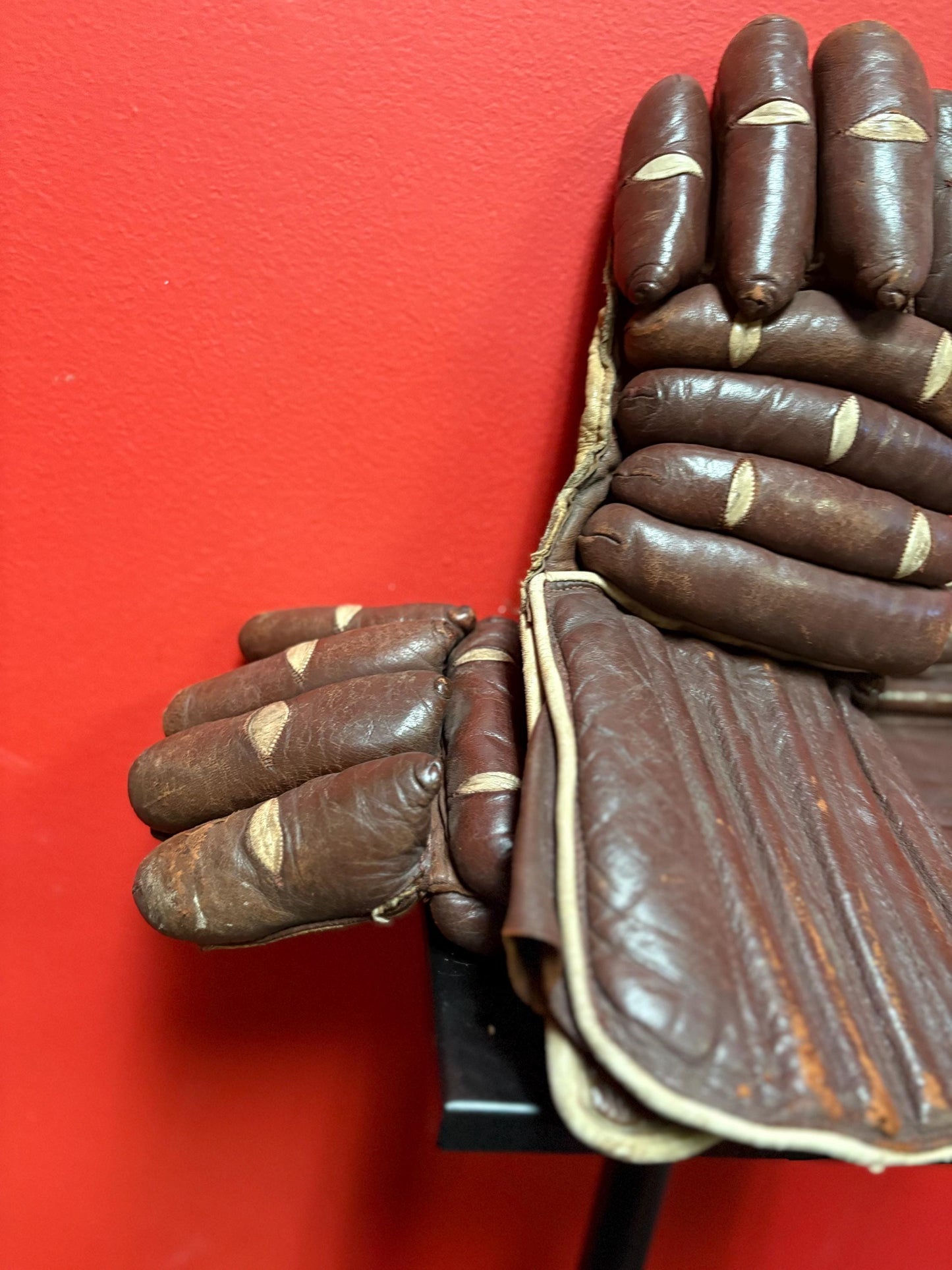 Beautiful antique English made leather  hockey gloves in good used condition - 13 x 6 wide  amazing sports memorabilia