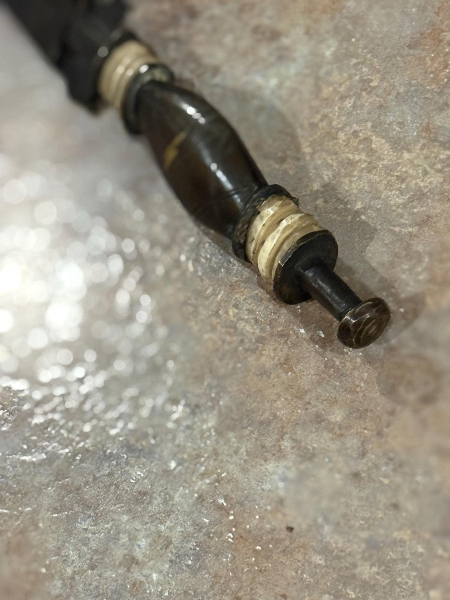 Fabulous museum quality 12 inch early 19 century African bronze steel and horn tribal  knife in sheaf - wonderful patina  great condition