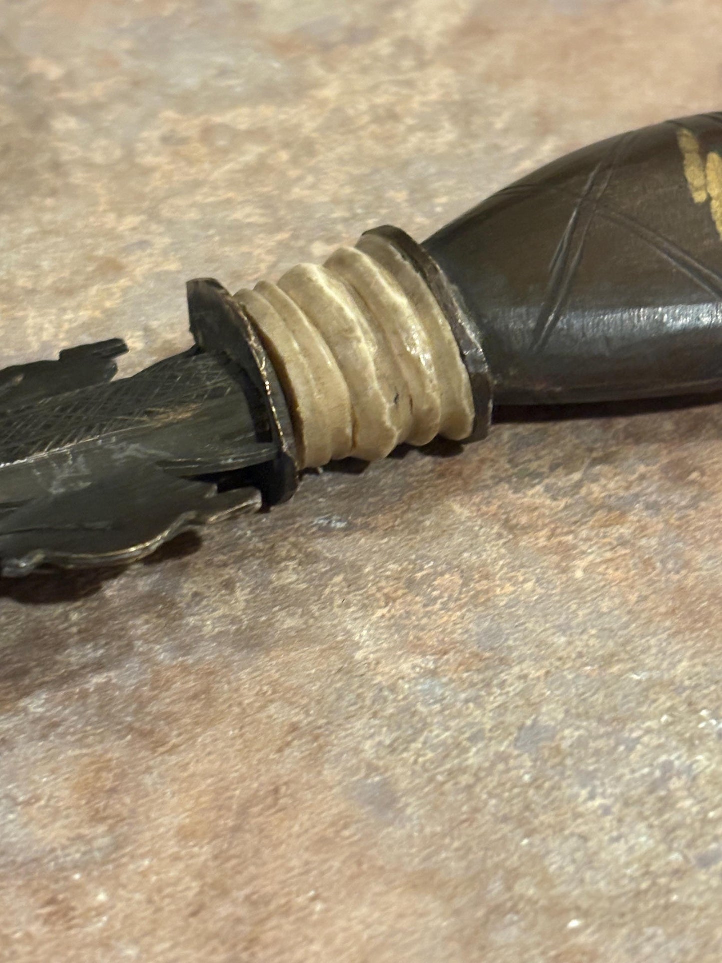 Fabulous museum quality 12 inch early 19 century African bronze steel and horn tribal  knife in sheaf - wonderful patina  great condition