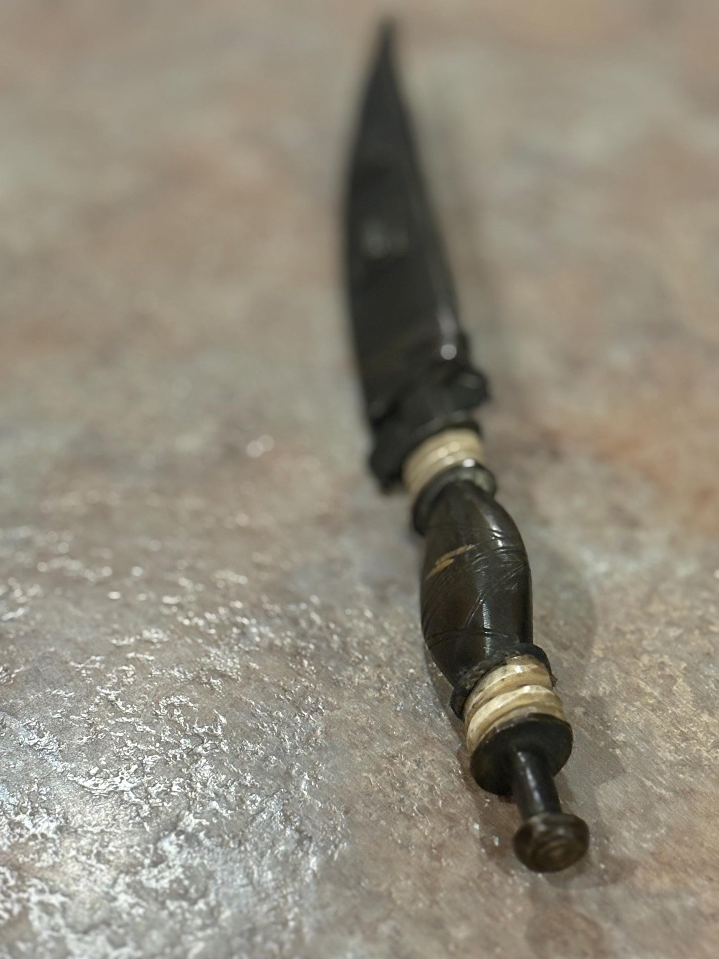 Fabulous museum quality 12 inch early 19 century African bronze steel and horn tribal  knife in sheaf - wonderful patina  great condition