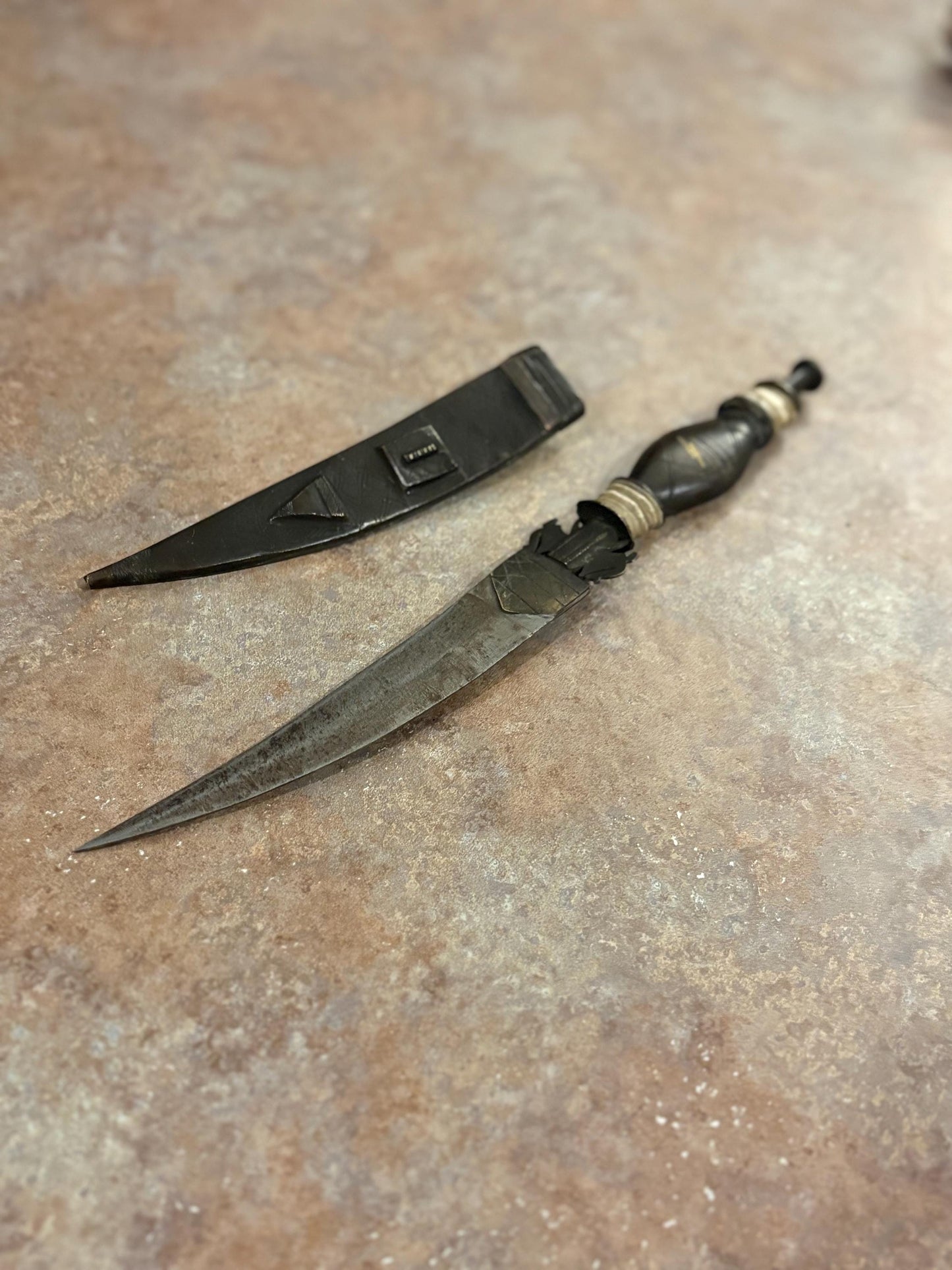 Fabulous museum quality 12 inch early 19 century African bronze steel and horn tribal  knife in sheaf - wonderful patina  great condition