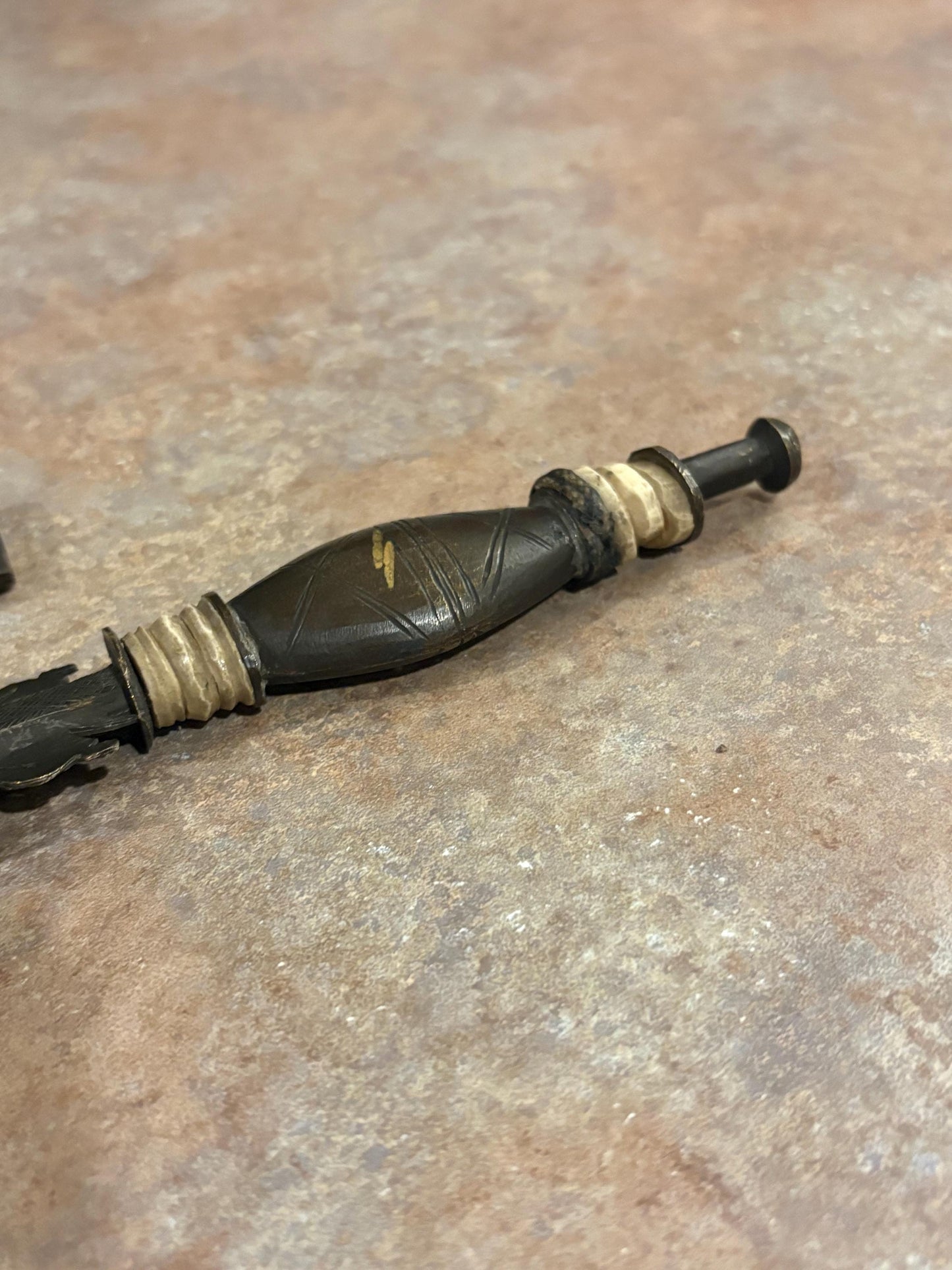 Fabulous museum quality 12 inch early 19 century African bronze steel and horn tribal  knife in sheaf - wonderful patina  great condition