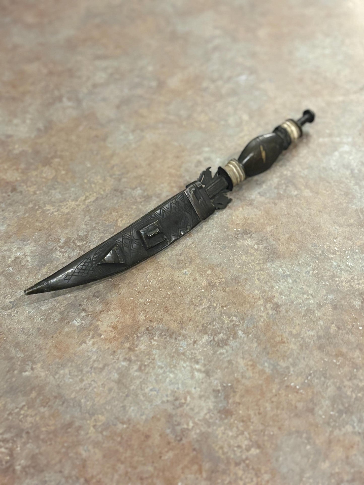 Fabulous museum quality 12 inch early 19 century African bronze steel and horn tribal  knife in sheaf - wonderful patina  great condition