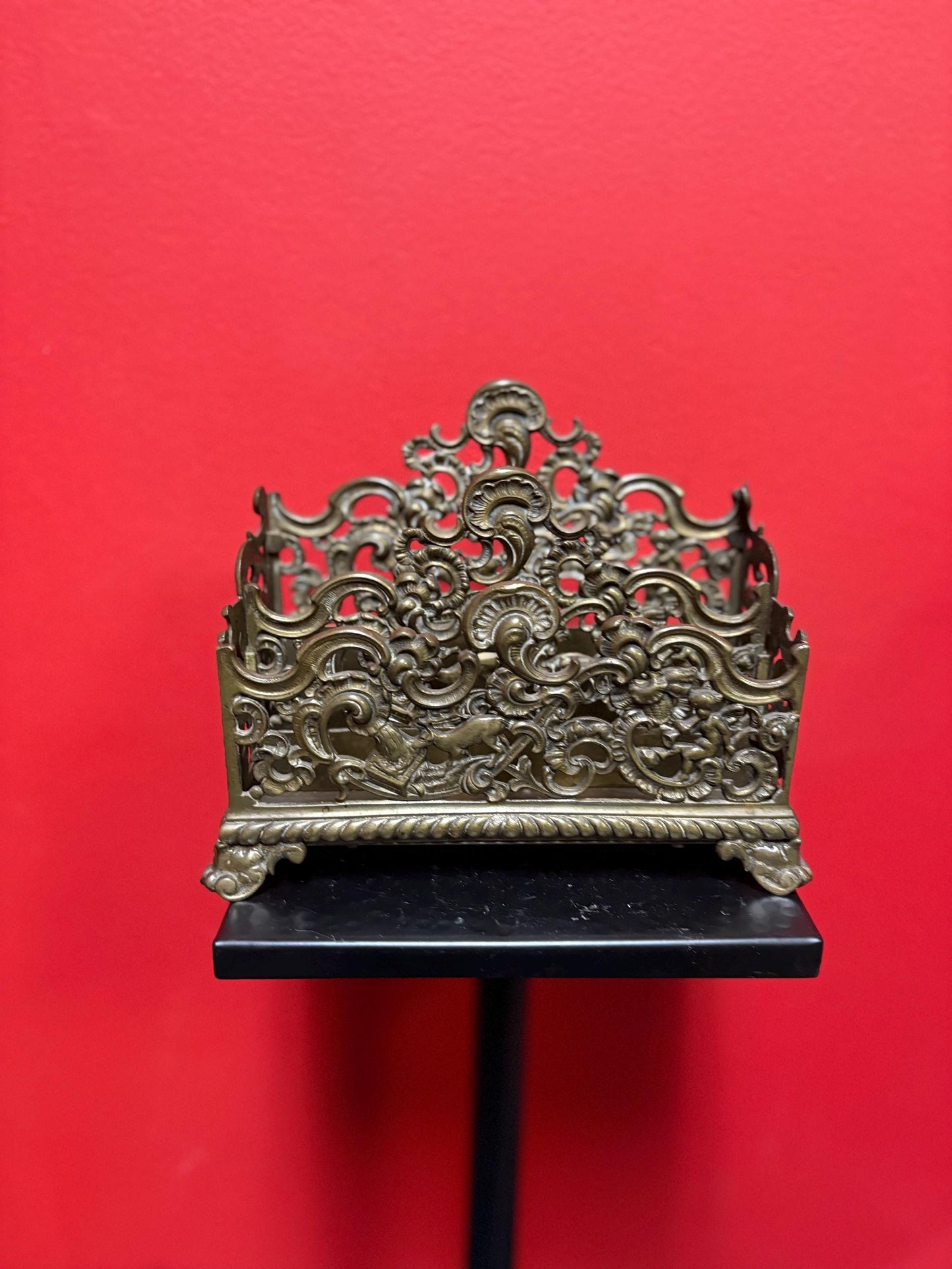 Stunning antique English 8 x 4 by 6 inch high brass letter rack with amazing imagery great to use or gift  desk decor