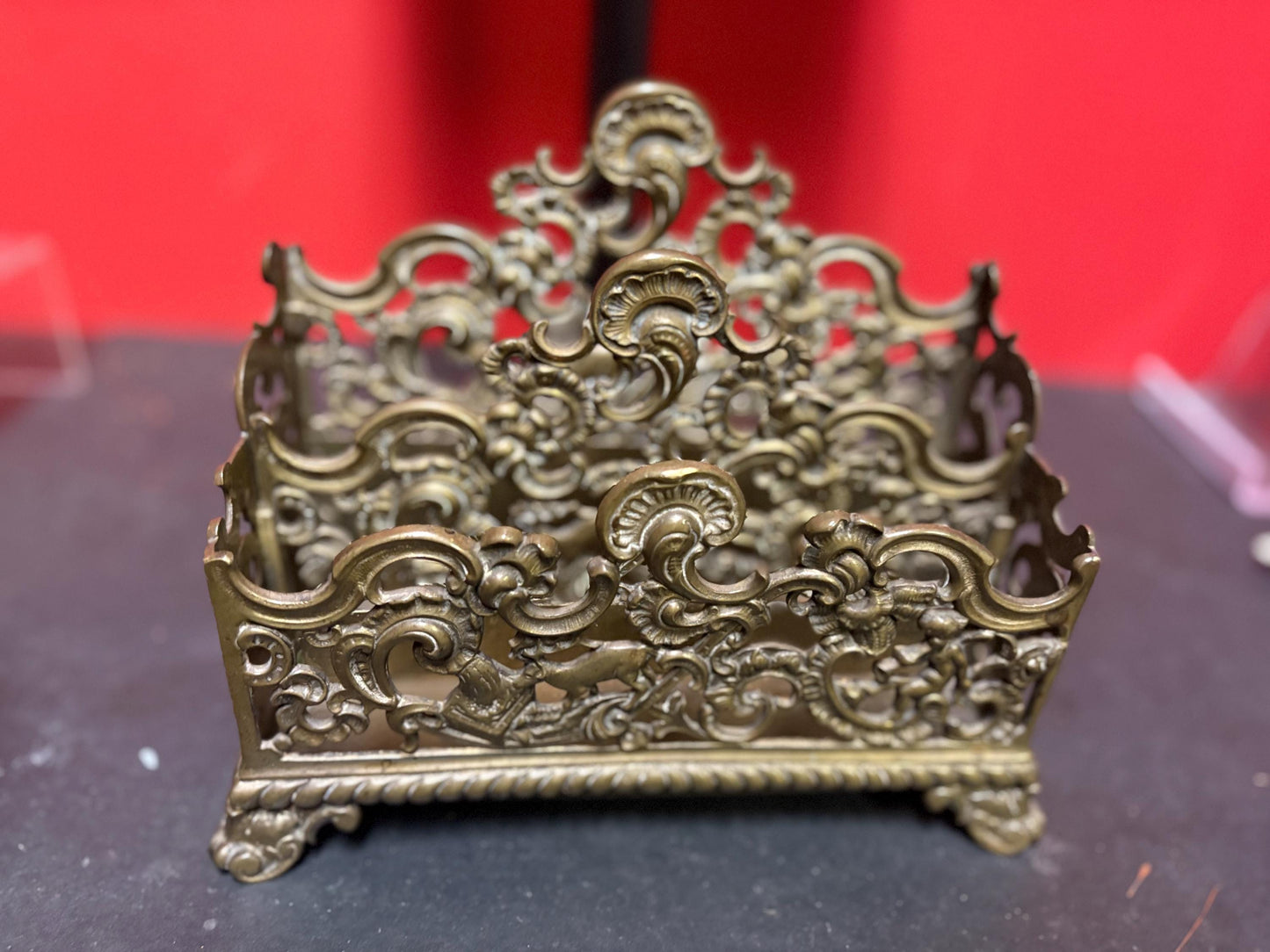 Stunning antique English 8 x 4 by 6 inch high brass letter rack with amazing imagery great to use or gift  desk decor