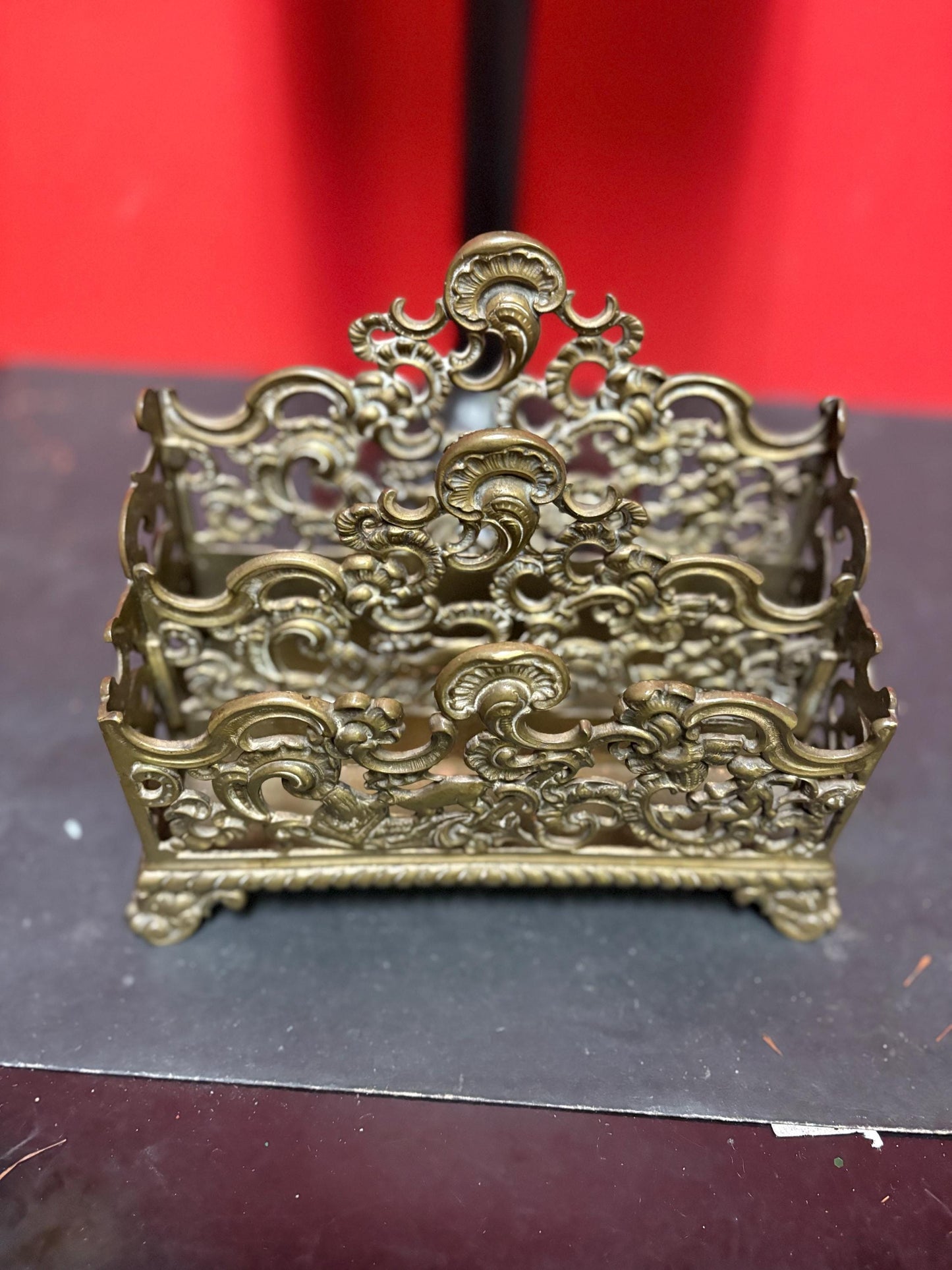 Stunning antique English 8 x 4 by 6 inch high brass letter rack with amazing imagery great to use or gift  desk decor