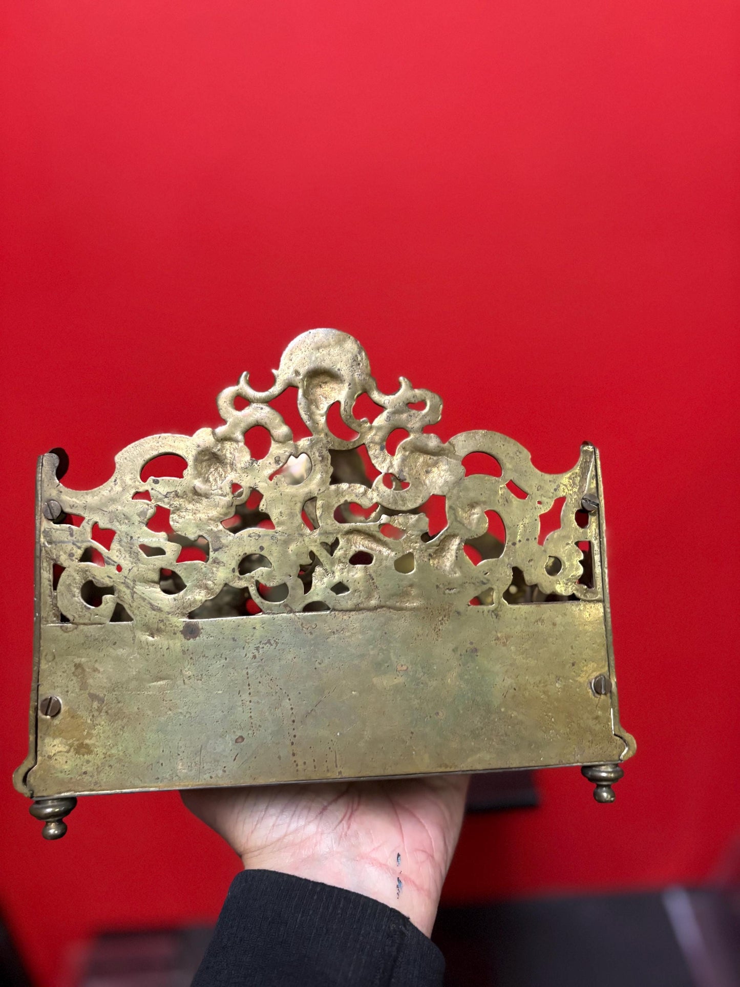 Stunning antique English 8 x 4 by 6 inch high brass letter rack with amazing imagery great to use or gift  desk decor