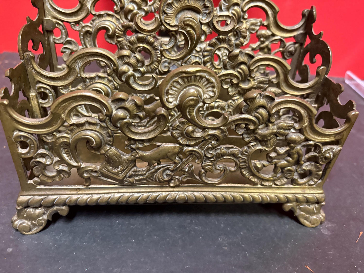Stunning antique English 8 x 4 by 6 inch high brass letter rack with amazing imagery great to use or gift  desk decor