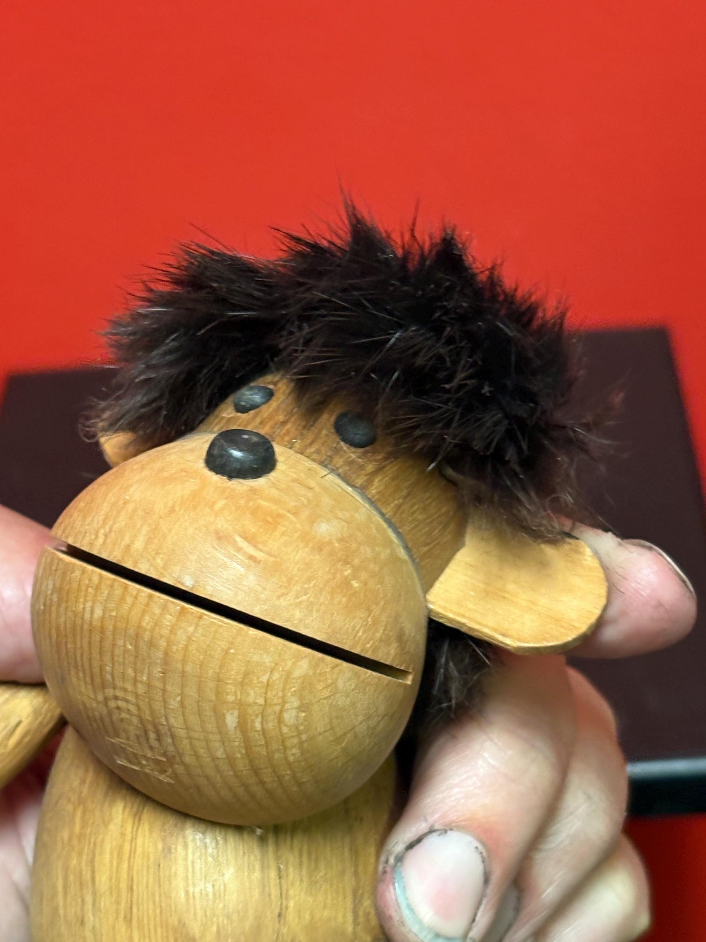 Lovely vintage TEAK 4 inch tall moveable monkey doll  style of Kay Bojesen   Danish in good condition  good value