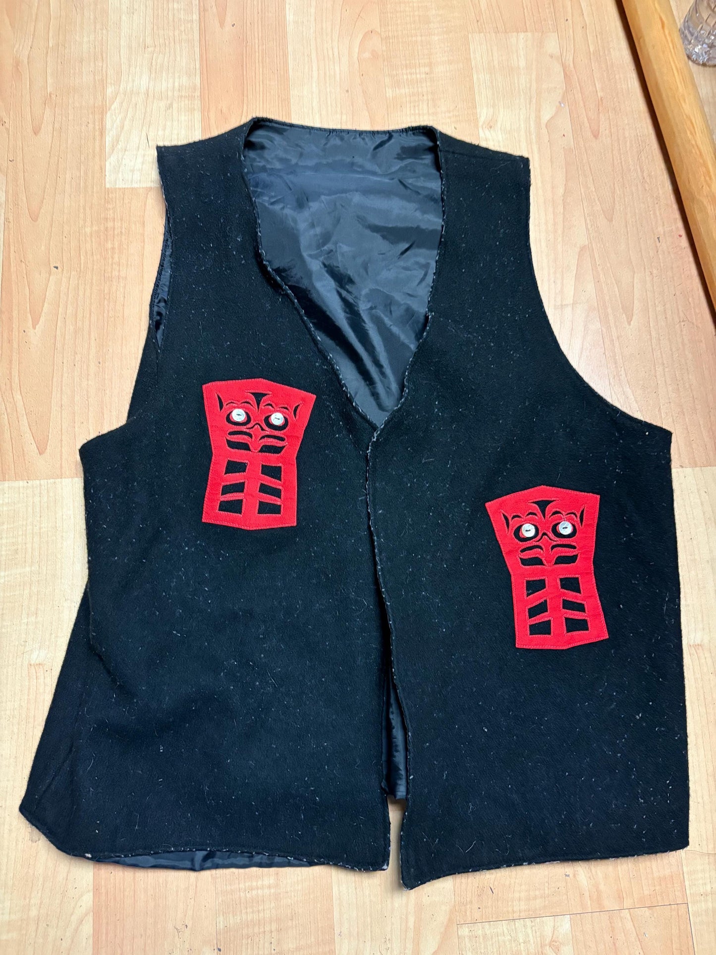 Stunning Canadian authentic indigenous native Haida vest approximately 26 x 24 wide with abalone  needs gentle cleaning  great value