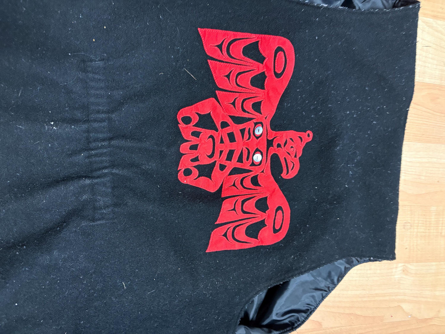 Stunning Canadian authentic indigenous native Haida vest approximately 26 x 24 wide with abalone  needs gentle cleaning  great value