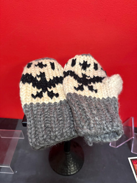 Canadian indigenous Cowichan wool handmade mittens — 10 inches long — good for big hand — need a little cleaning— good value