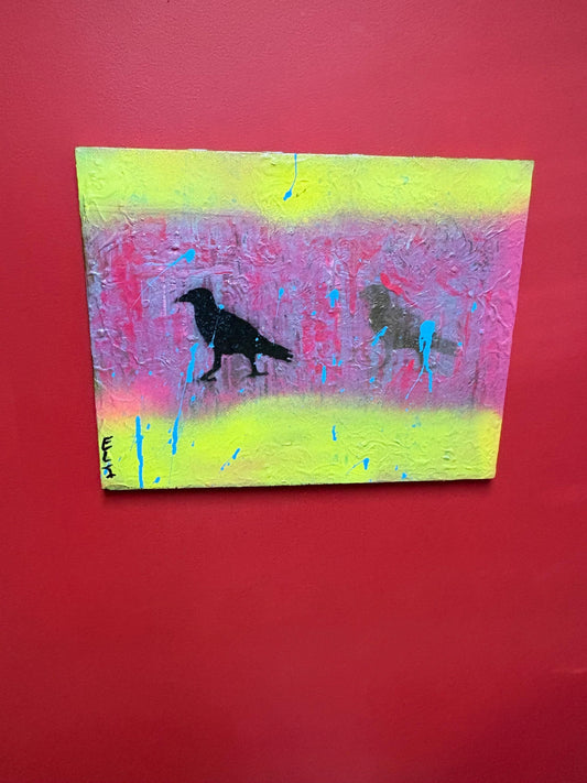 Beautiful original mixed media acrylic painting by visually impaired Canadian artist Eli St. John  18 x 14 inches - crows -