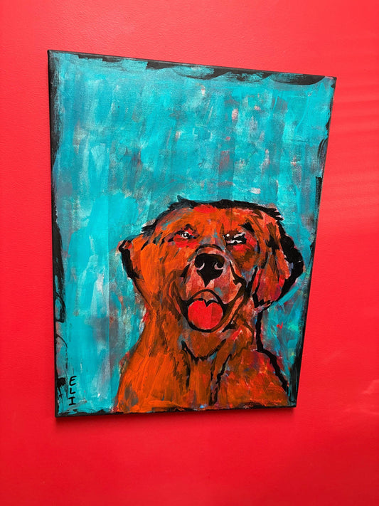 Beautiful original mixed media acrylic painting by visually impaired Canadian artist Eli St. John  doggy - 24 x 18 inches - wow