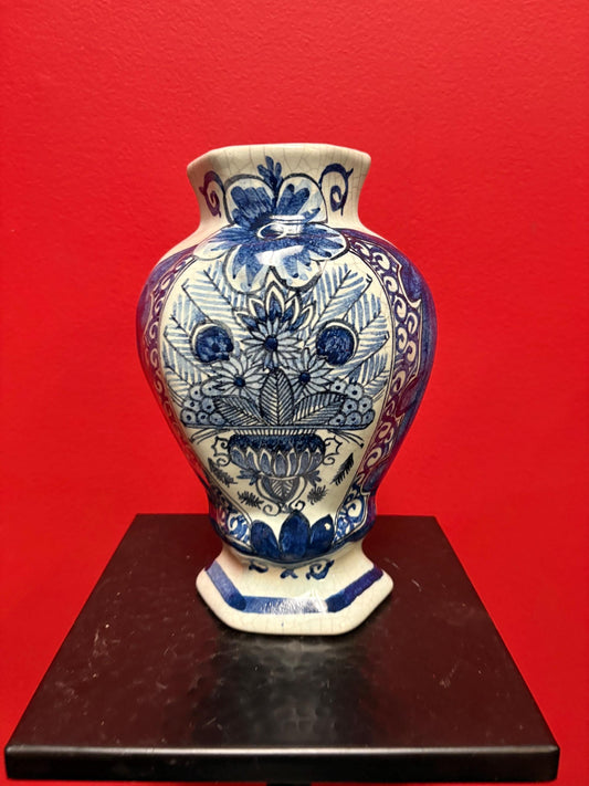 Beautiful 8 inch tall old European blue and white vase  wonderful condition and amazing imagery  wow gift -