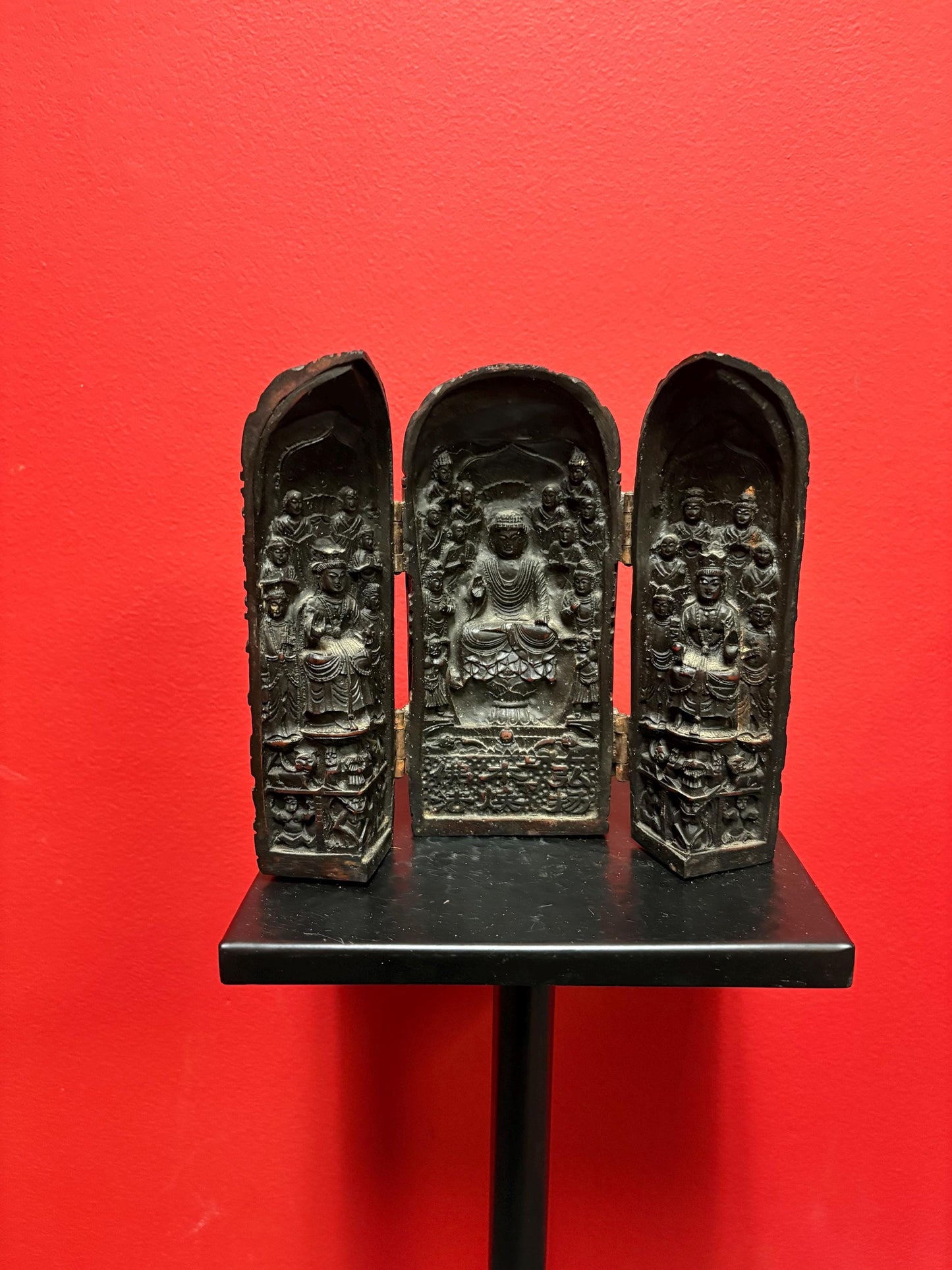 Stunning 9 x 7 high heavily carved intricate Buddhist temple statue screen  unbelievable detail  wow