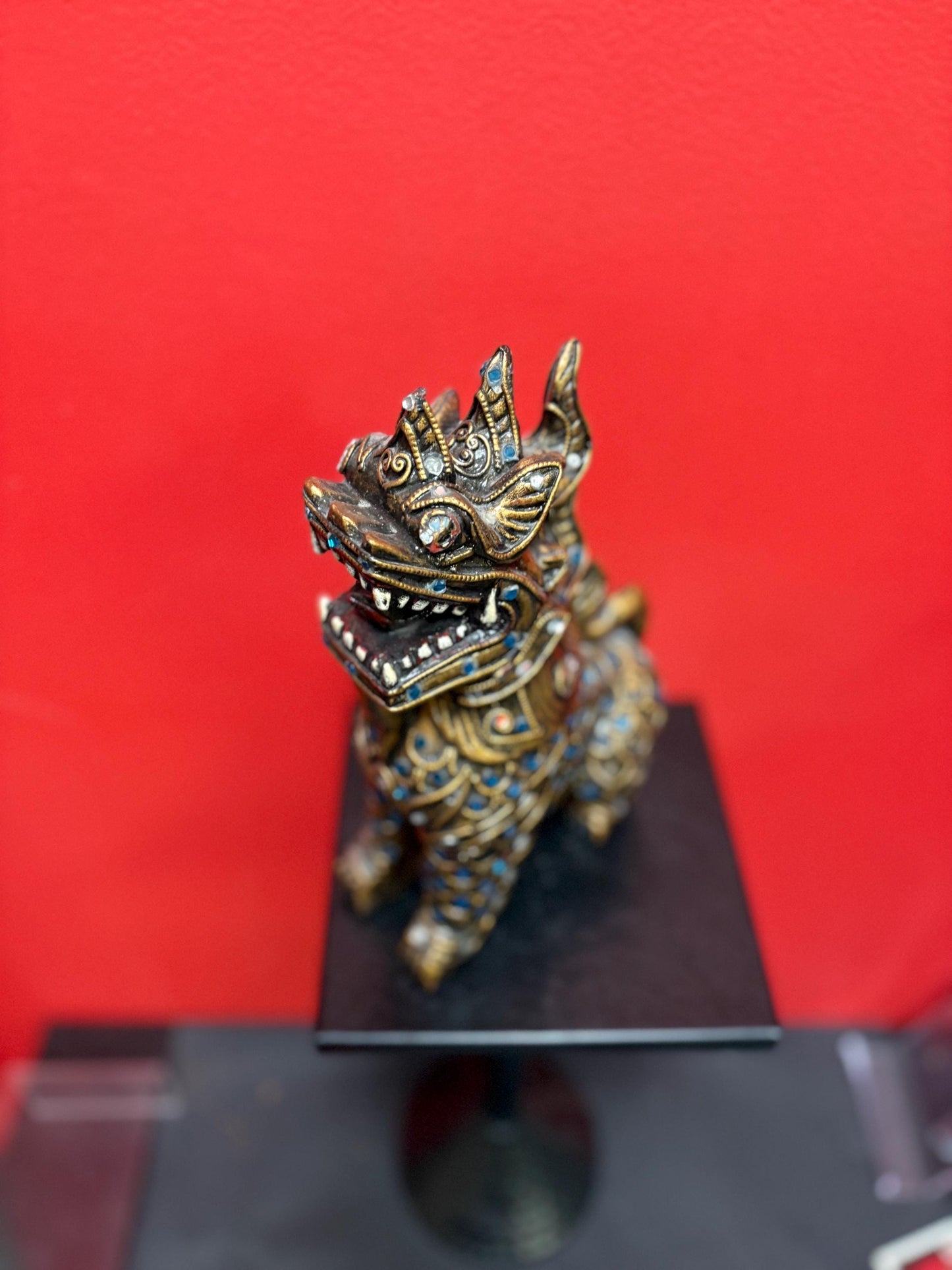 Fabulous Asian wood and gilded 10 inch tall dragon statue flashy  piece  great imagery