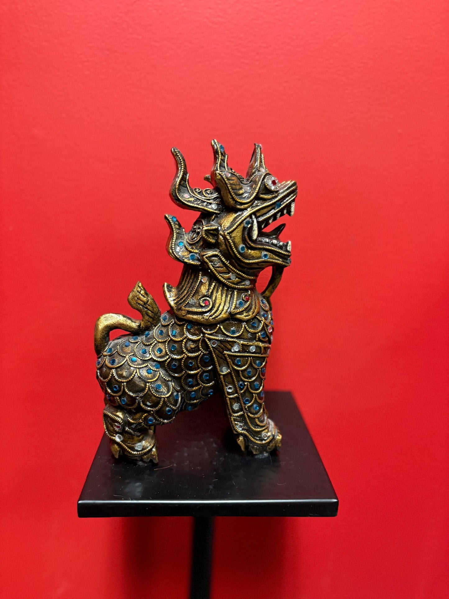 Fabulous Asian wood and gilded 10 inch tall dragon statue flashy  piece  great imagery