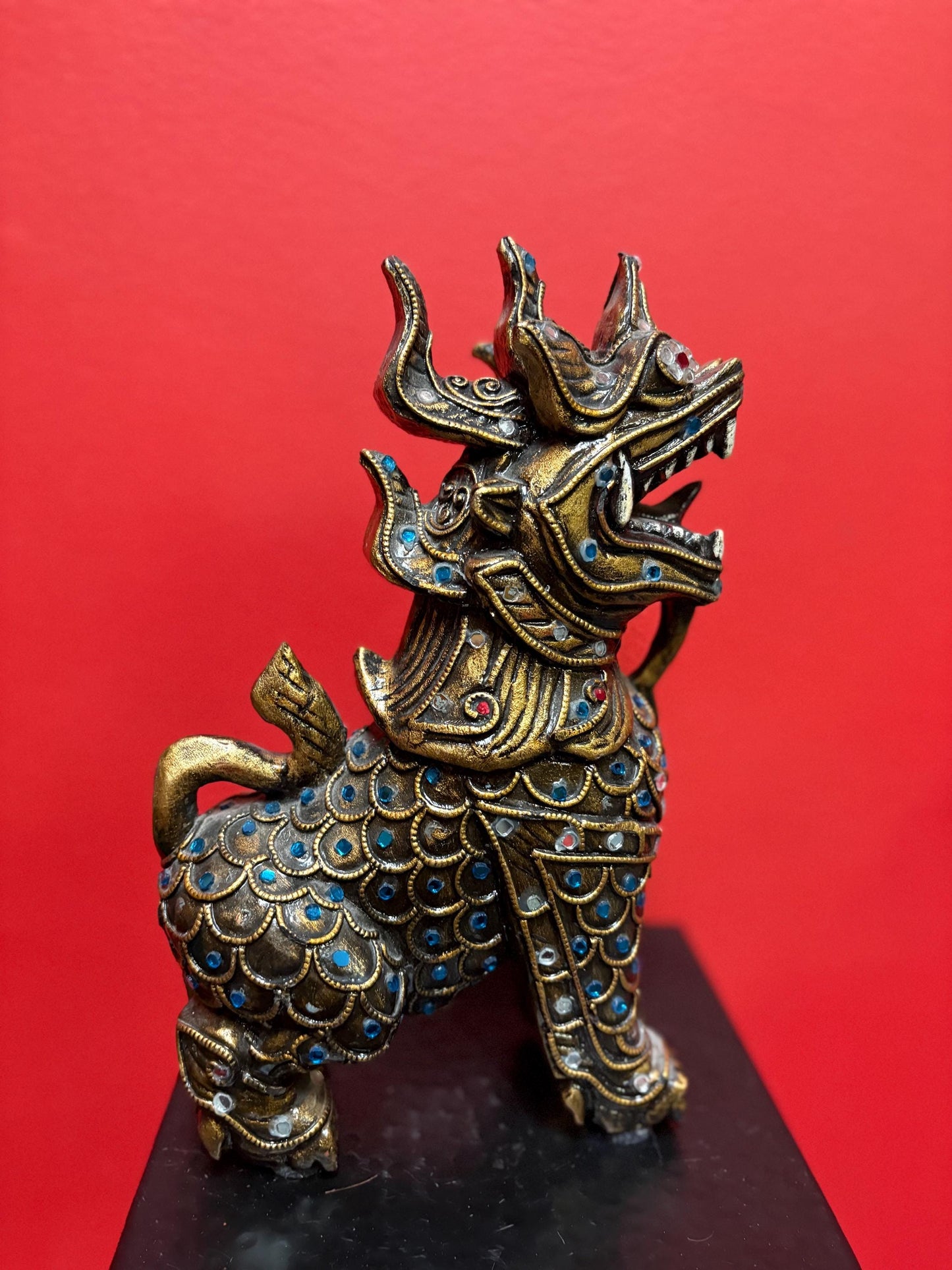 Fabulous Asian wood and gilded 10 inch tall dragon statue flashy  piece  great imagery