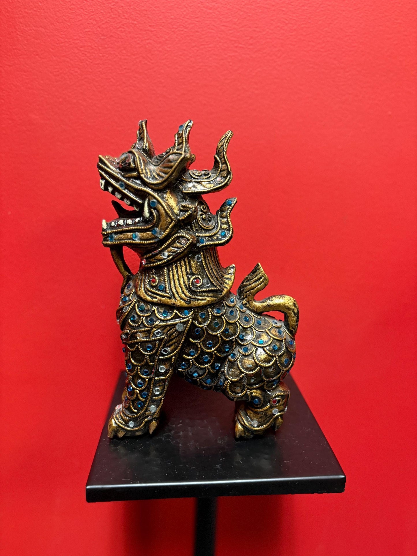 Fabulous Asian wood and gilded 10 inch tall dragon statue flashy  piece  great imagery