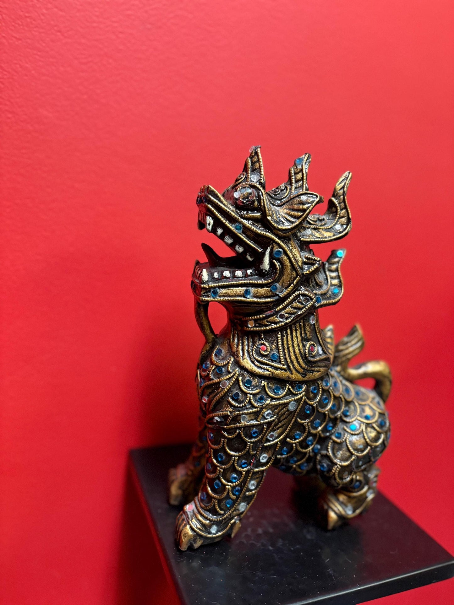 Fabulous Asian wood and gilded 10 inch tall dragon statue flashy  piece  great imagery