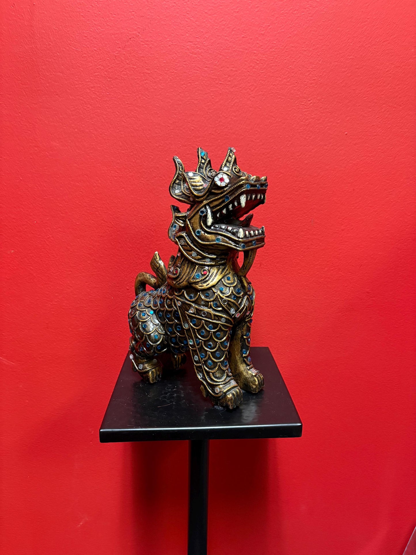 Fabulous Asian wood and gilded 10 inch tall dragon statue flashy  piece  great imagery