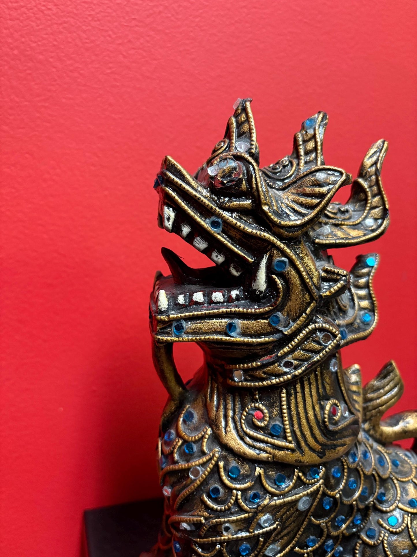 Fabulous Asian wood and gilded 10 inch tall dragon statue flashy  piece  great imagery