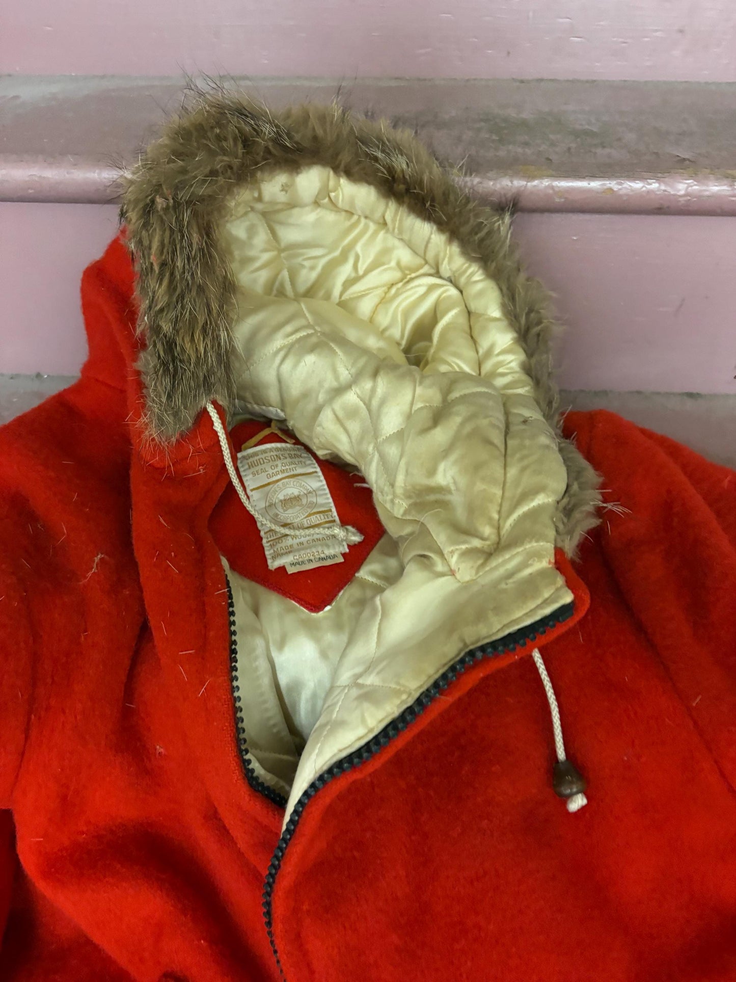 stunning vintage Hudson Bay Company wool jacket - HBC Canadian - approx 36 inches long by duty inches wide and hood 12 inches