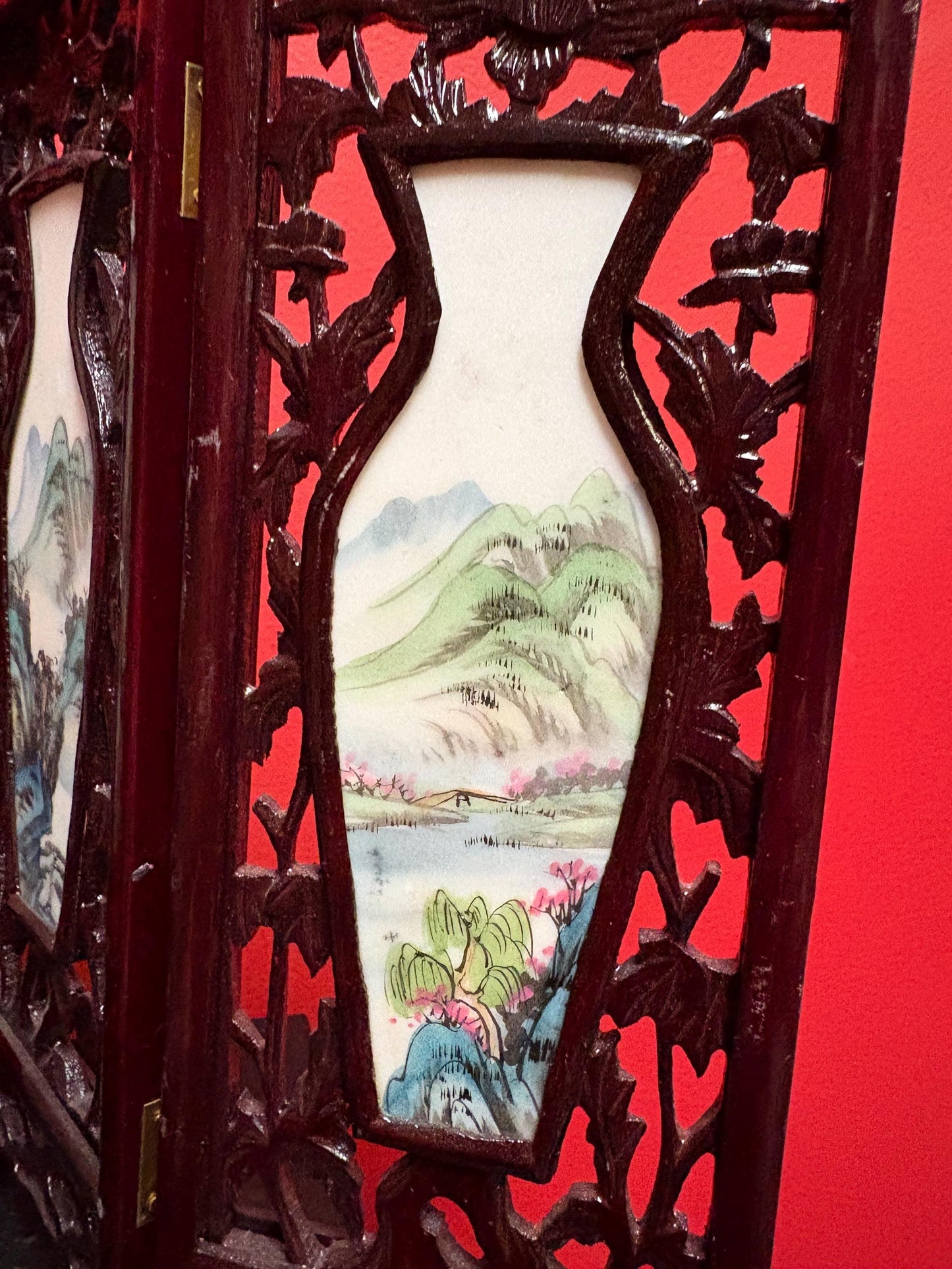 Stunning Chinese 17 x 12 high four seasons panel screen  wooden and  porcelain double-sided  fabulous gift good value