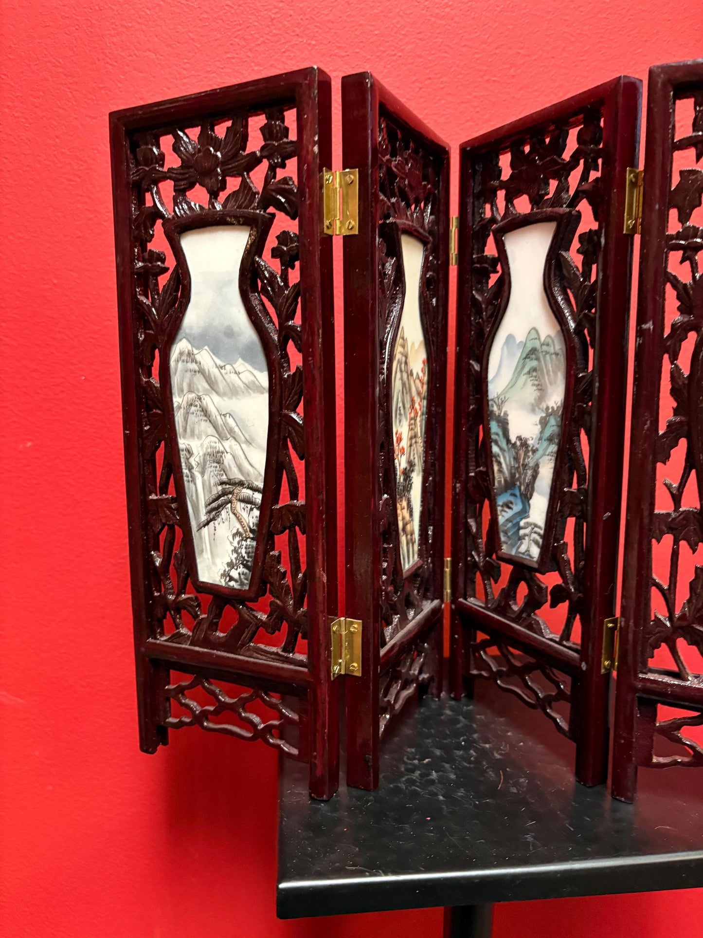 Stunning Chinese 17 x 12 high four seasons panel screen  wooden and  porcelain double-sided  fabulous gift good value