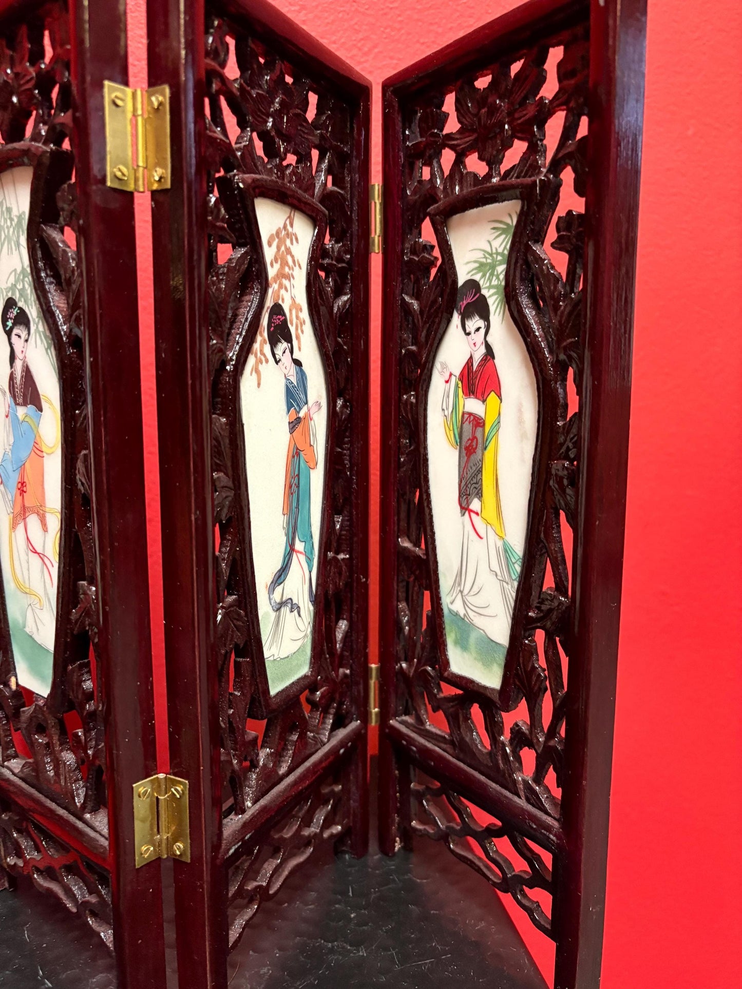 Stunning Chinese 17 x 12 high four seasons panel screen  wooden and  porcelain double-sided  fabulous gift good value