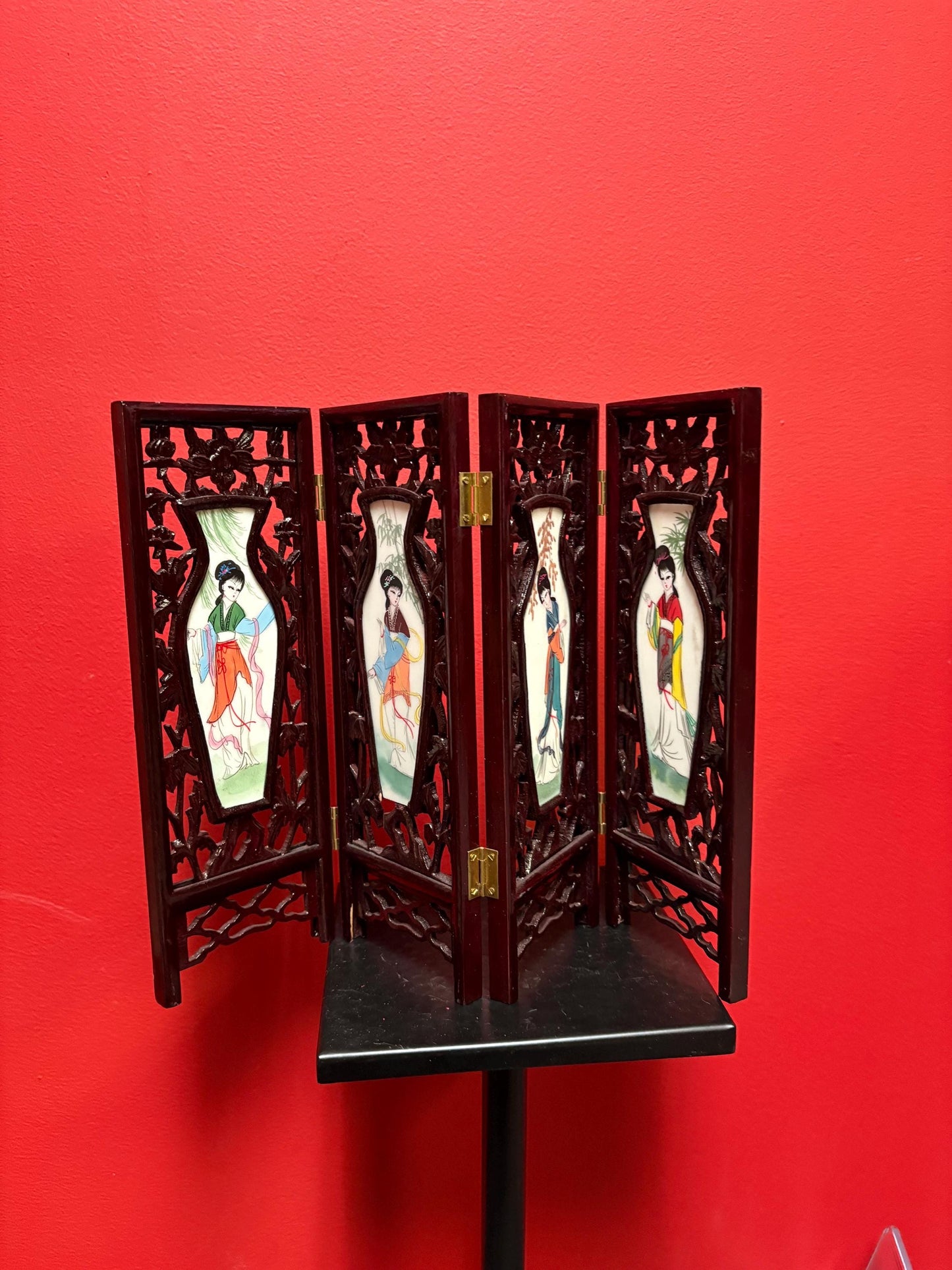 Stunning Chinese 17 x 12 high four seasons panel screen  wooden and  porcelain double-sided  fabulous gift good value