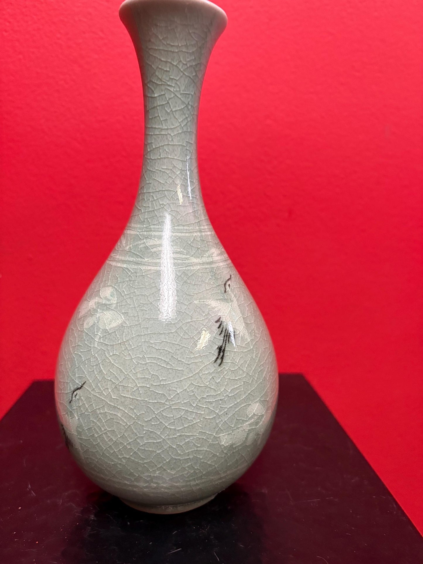 Stunning antique Chinese signed celadon stork and cloud vase in mint condition- 8 inches high  wow