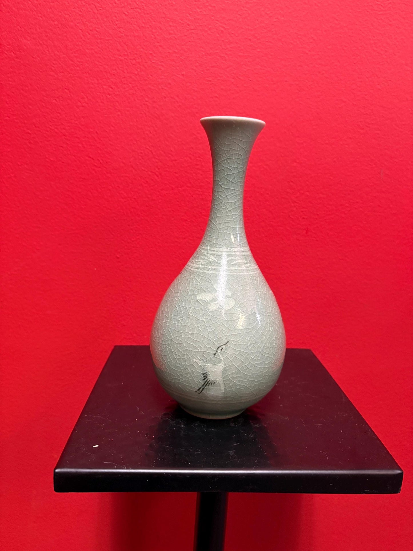 Stunning antique Chinese signed celadon stork and cloud vase in mint condition- 8 inches high  wow