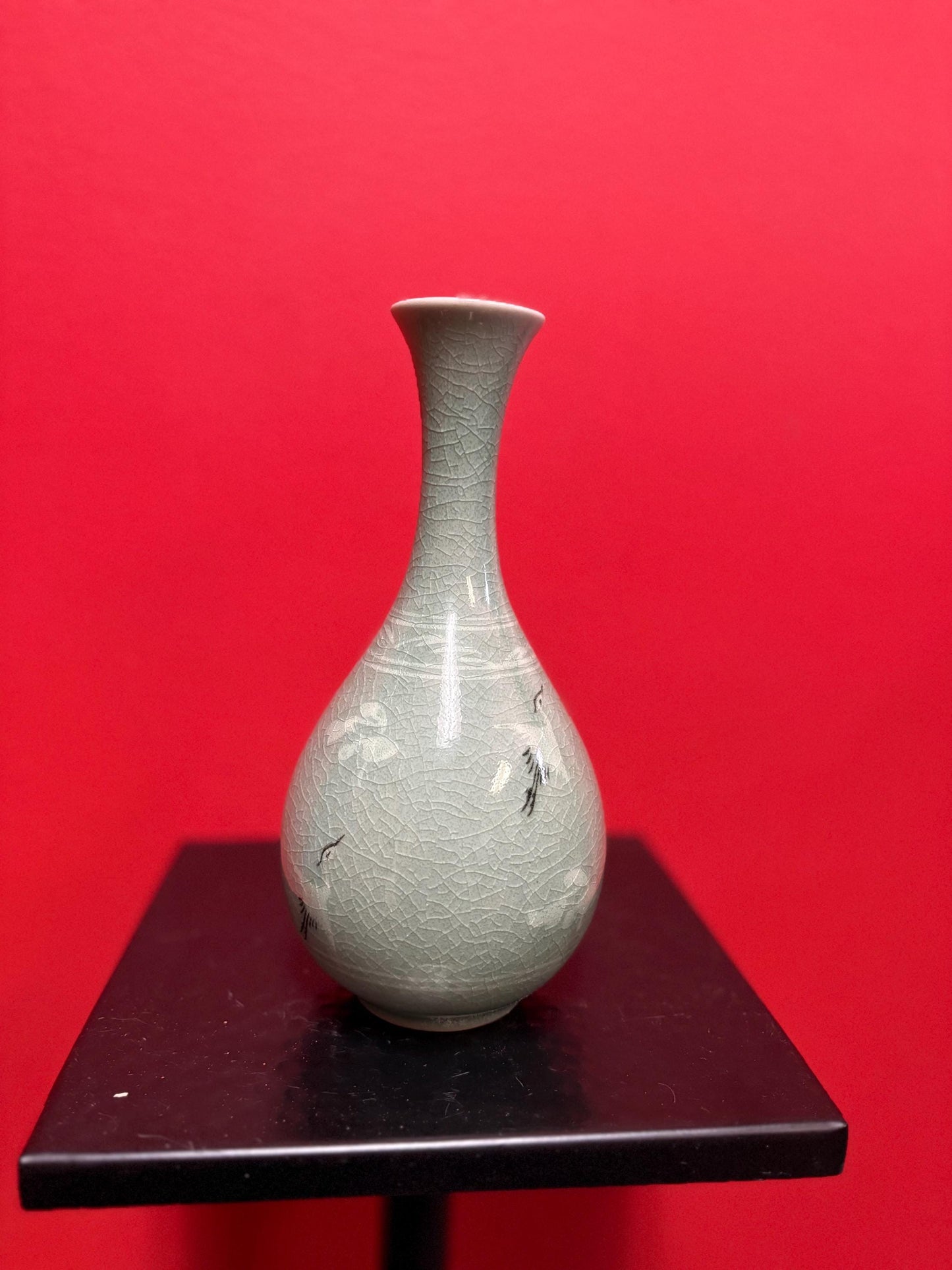 Stunning antique Chinese signed celadon stork and cloud vase in mint condition- 8 inches high  wow