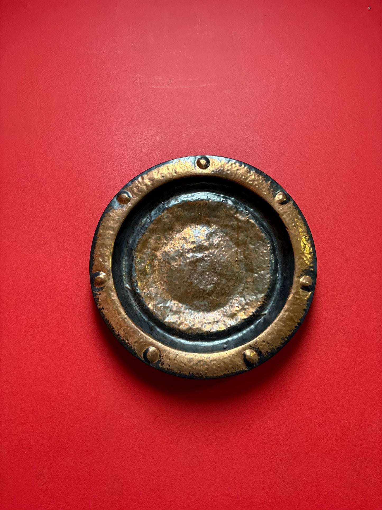 Beautiful antique English Lombard London arts and crafts massive copper charger with amazing patina  16 1/2 inches!