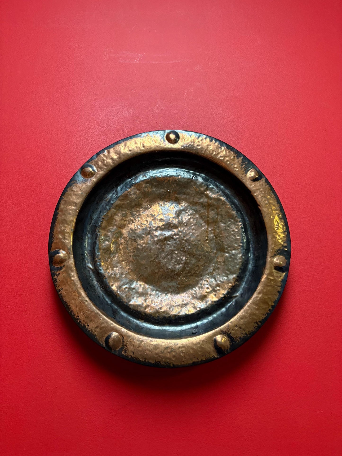 Beautiful antique English Lombard London arts and crafts massive copper charger with amazing patina  16 1/2 inches!