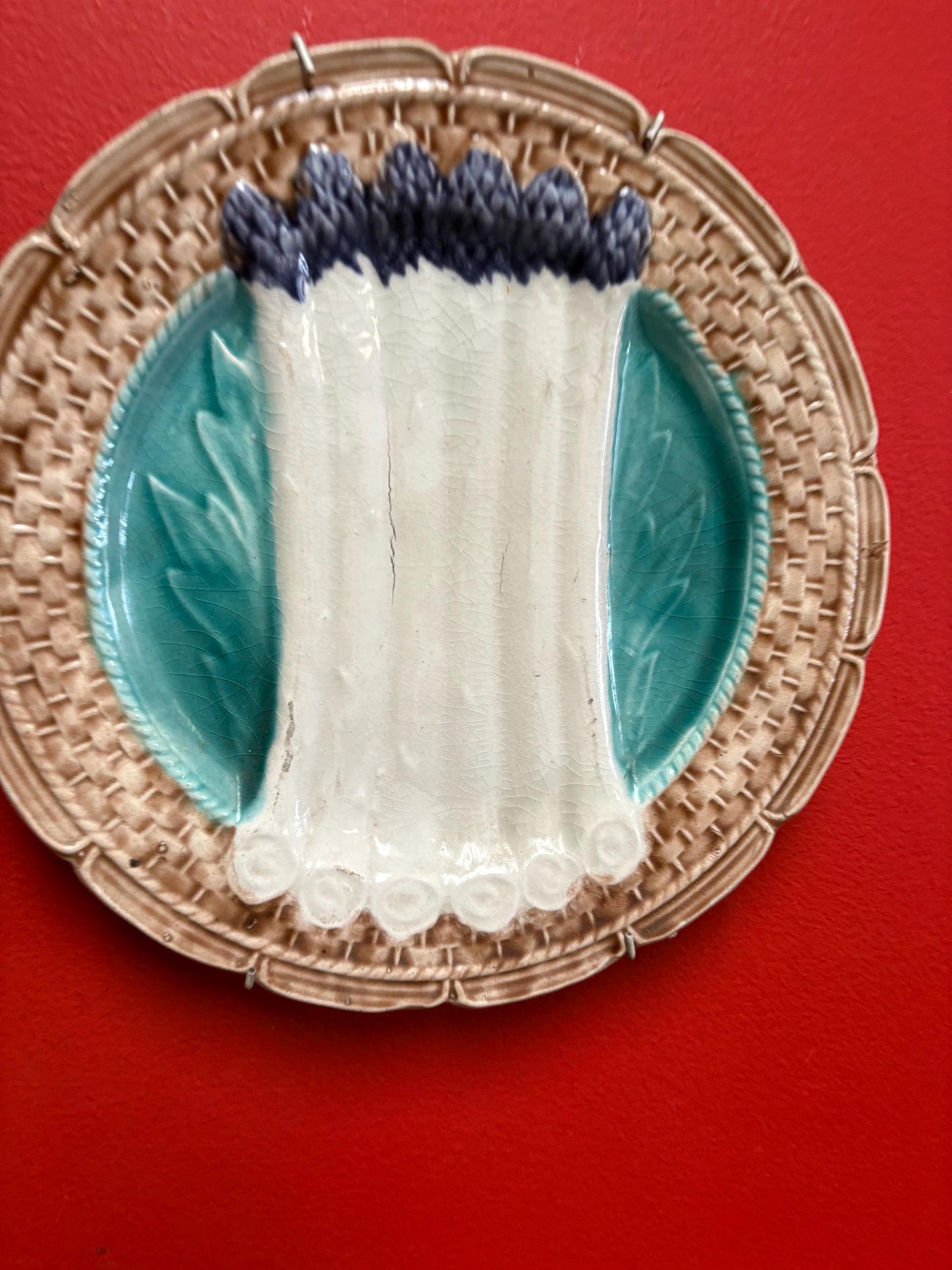 Beautiful 9 inch metal French majolica  plate ready to hang -  good condition but see photos