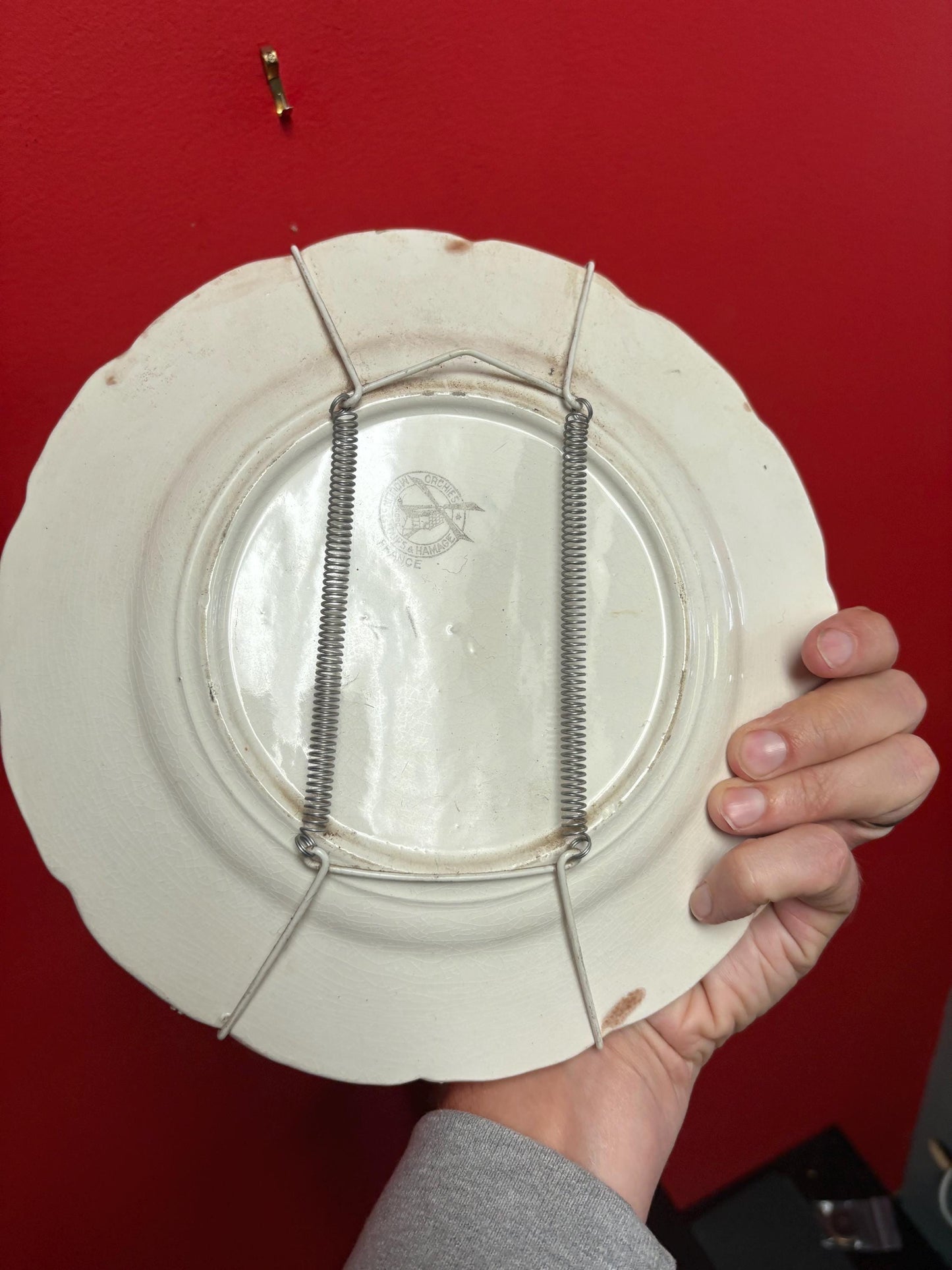 Beautiful 9 inch metal French majolica  plate ready to hang -  good condition but see photos