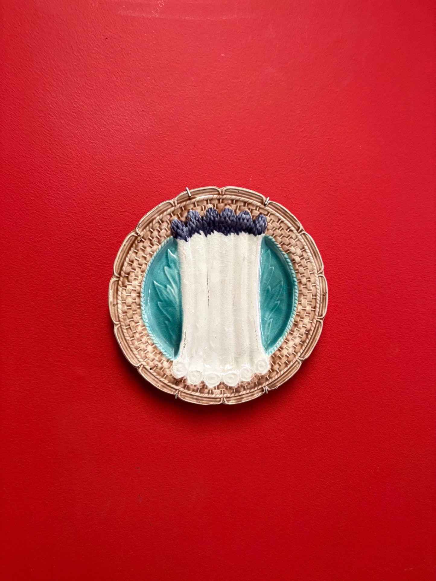 Beautiful 9 inch metal French majolica  plate ready to hang -  good condition but see photos