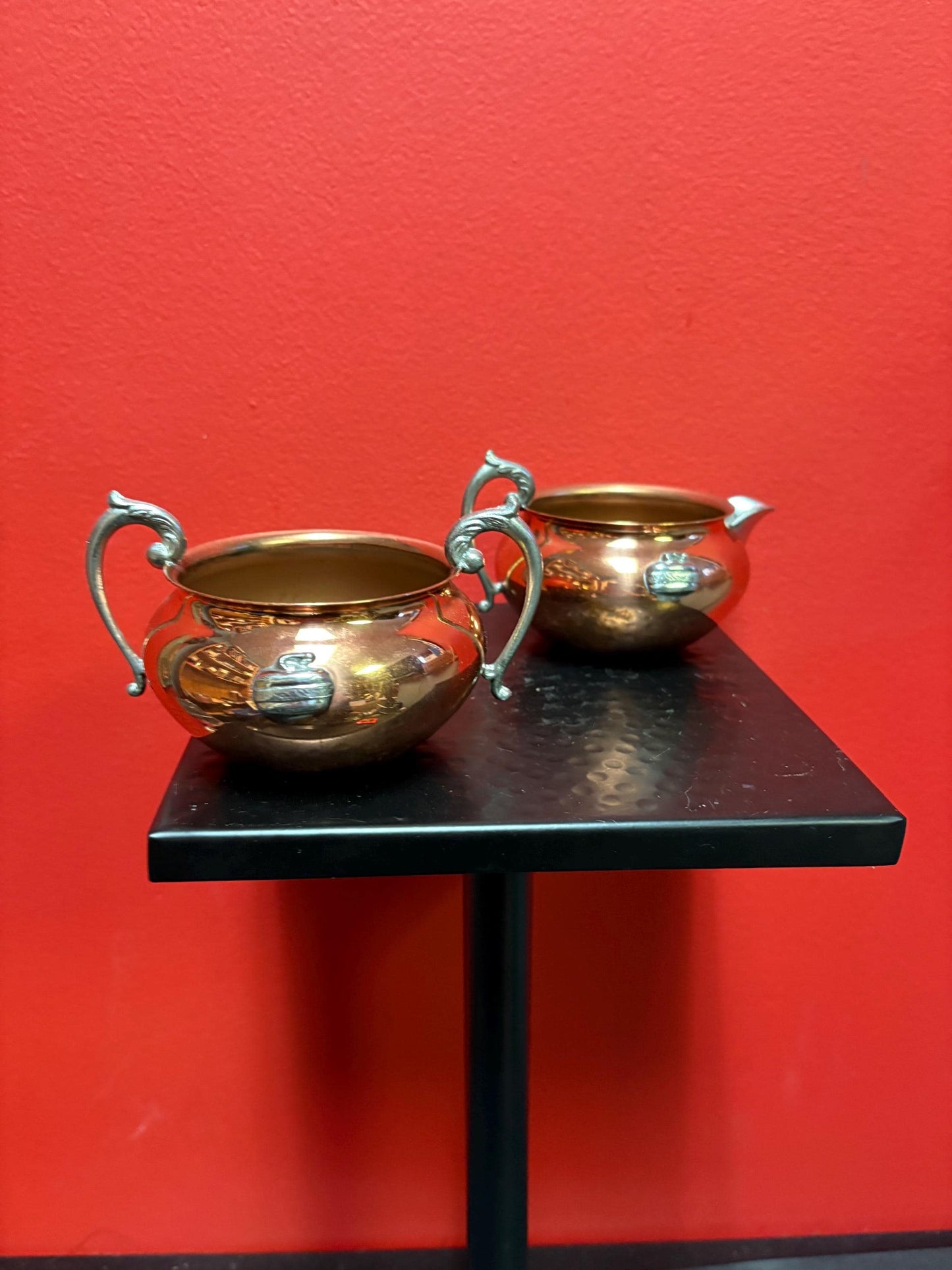 beautiful 4.5 x 2 inch high copper and silver plate curling cream and sugar  great gift  nice condition  curling